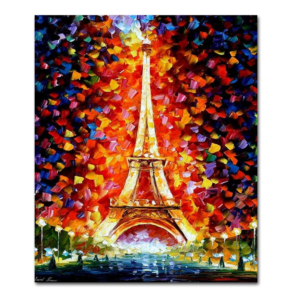 Muzagroo Art Paris Eiffel Tower Lighted Pictures Hand Painted Oil Paintings Large Canvas Paintings Home Decorations Wall Art(24x32in)