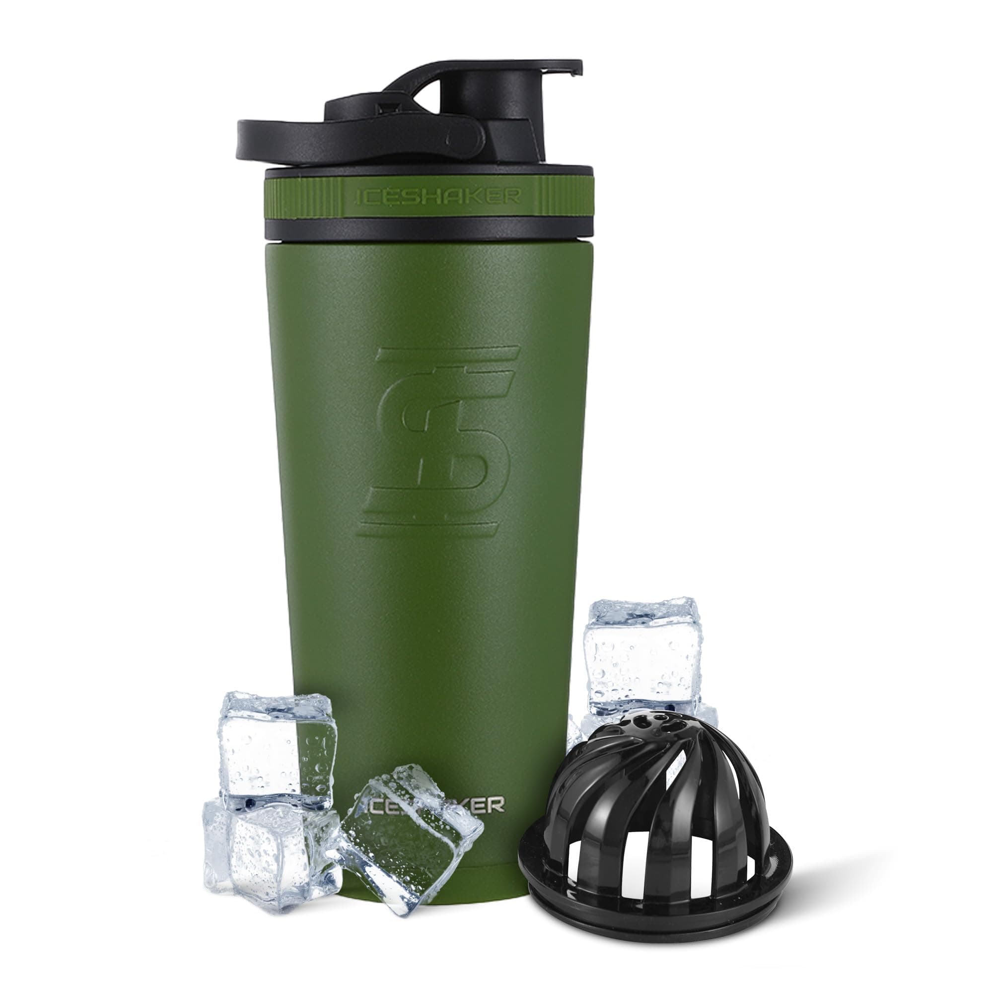 Ice Shaker Insulated Stainless Steel Shaker Bottle | 26oz Green | Cold Over 30 Hours | Insulated Cup with Twist-On Agitator | Protein Shake, Water, Smoothie, Cocktail, Odorless Shaker Cup