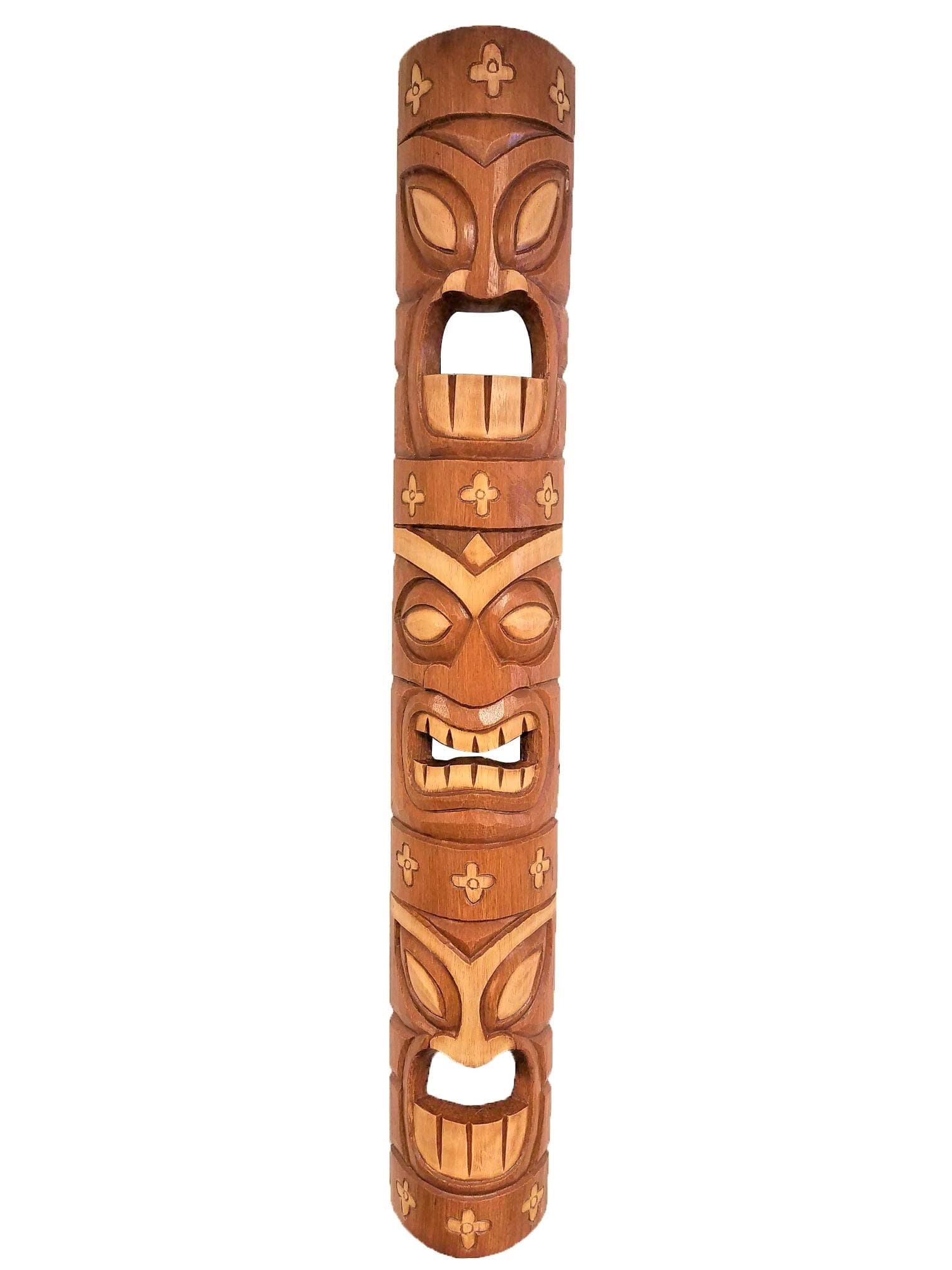 All Seas Imports Detailed 39.5" Handcarved Natural Style Three Face Wood Tiki Mask with Flowers!