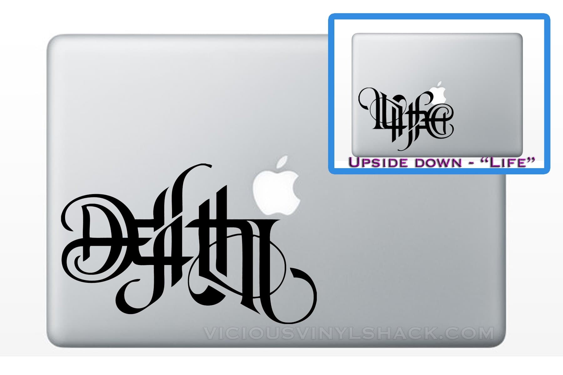 Life Death Ambigram Quote (BLACK) Vinyl Decal Stickers for MacBook Laptop Car Good Evil Flipped Upside Down Dying Living Script Tattoo Tribal