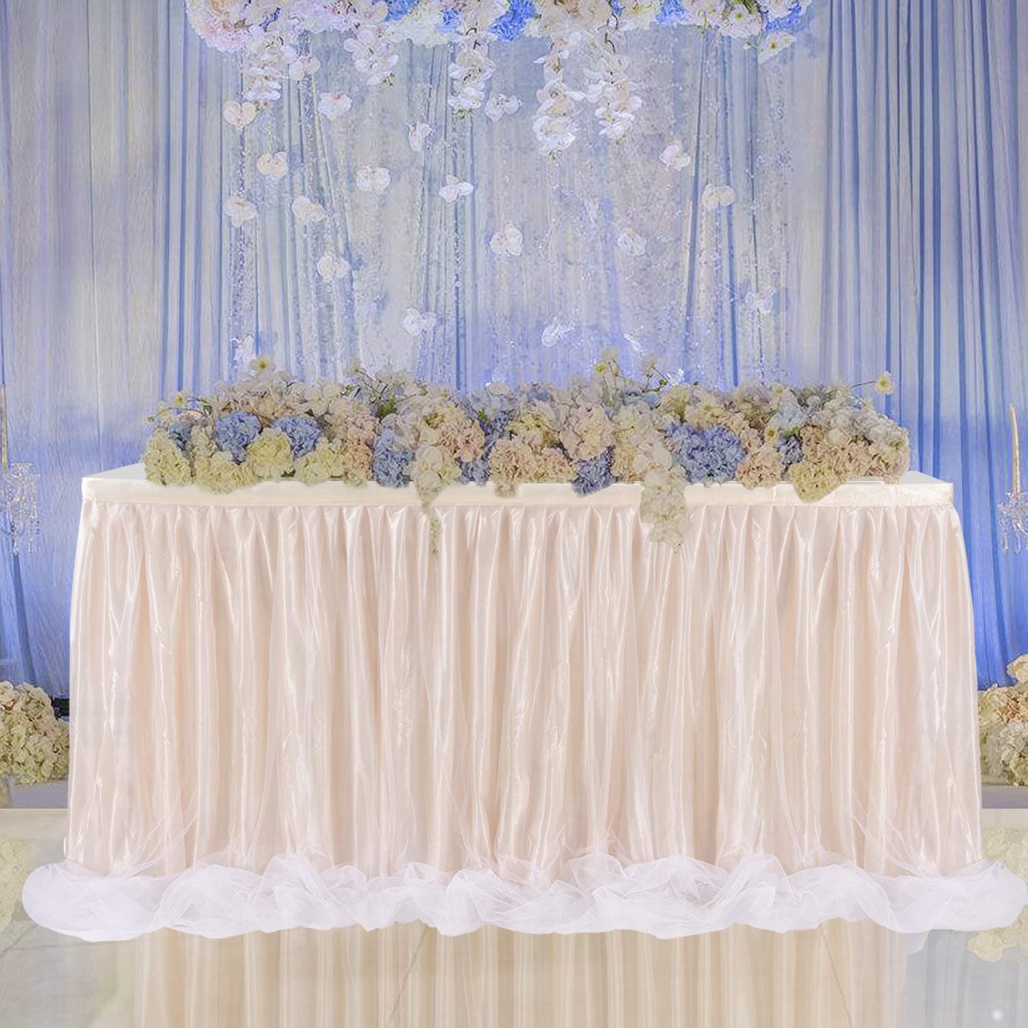 Leegleri 9ft Long Tulle Table Skirt Ruffle Tutu Table Cloth Tableware for Rectangle or Round Table for Baby Shower,Wedding Party Decoration (Champagne,L9(ft) H30in)