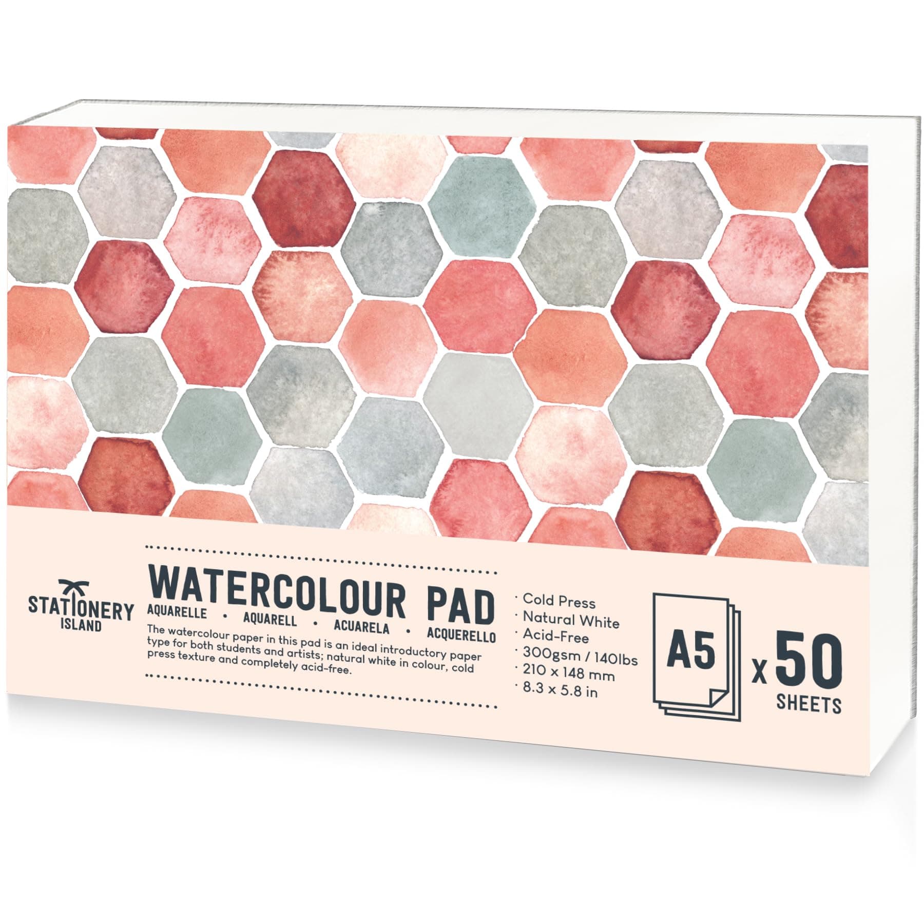 STATIONERY ISLAND Watercolour Paper A5 Pad, 50 Sheets - Natural White 300gsm Glue Bound, Cold-Pressed Texture, Watercolour Sketchbook for Painting, Drawing and Mixed Media