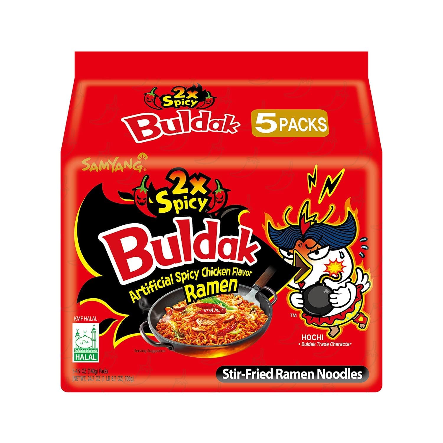 Buldak en Ramen, Korean Stir-Fried Instant Noodle, 2X Spicy, 5 Oz (5 oz), Pack of 5