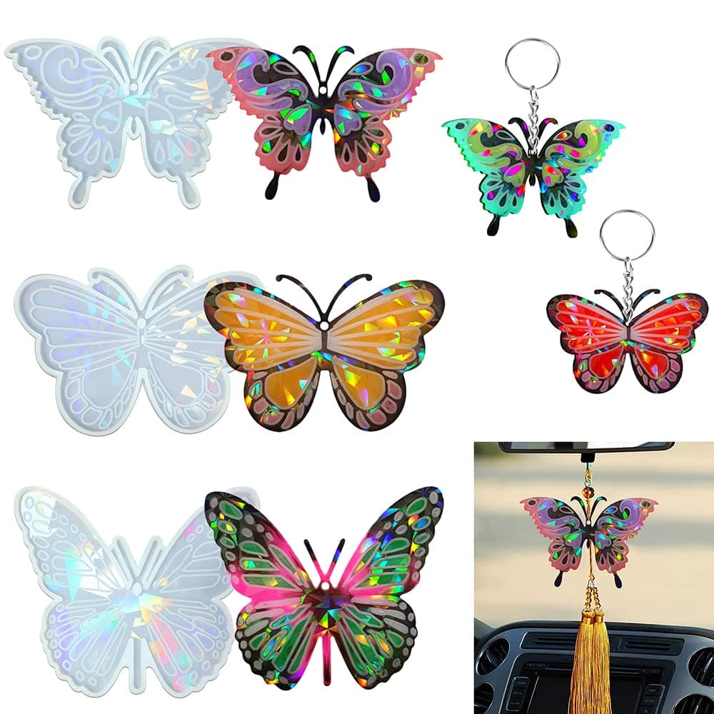 Holographic Resin Molds Silicone,3 Pcs Butterfly Ornament Epoxy Resin Mold,Upgraded Holographic Butterfly Pendant Silicone Molds for DIY Craft