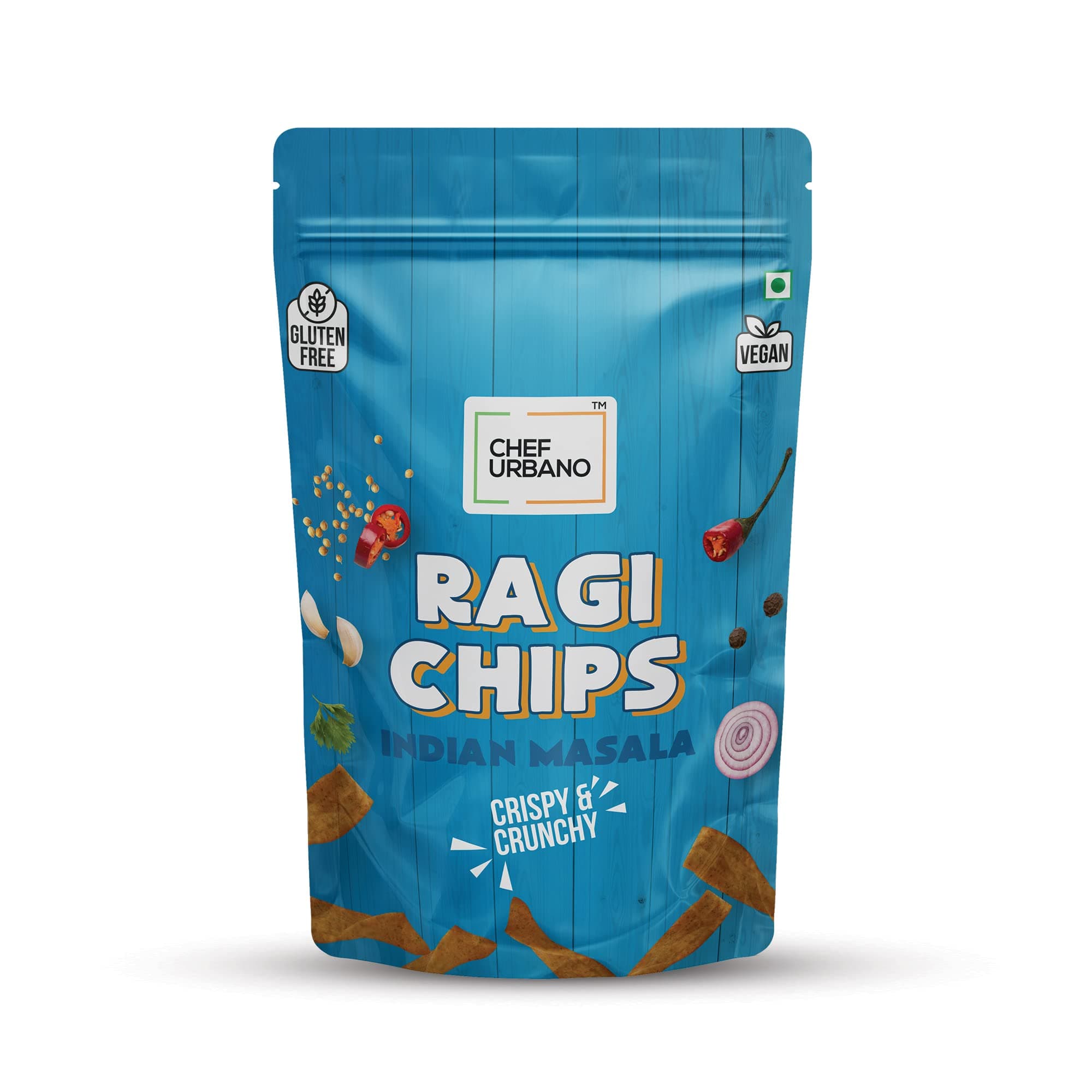 Chef Urbano Ragi Chips Indian Masala 85g | Gluten Free | | Vegan | Low GI| Crunchy Healthy Snacks | High Protein and Fiber Rich | Good for Diet | Good for Kids