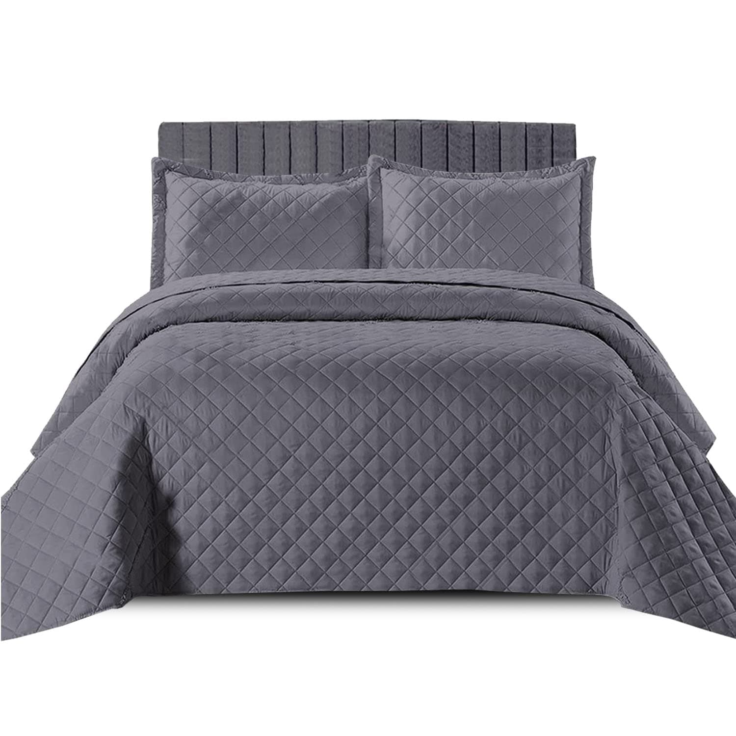PHP Quilted Bedspread Bed Throw for Bedroom Decor - Luxury Warm Embossed Pattern Lightweight Quilt Bedspread Coverlet Complete Bedding Set with Pillow Shams (Single, Grey)
