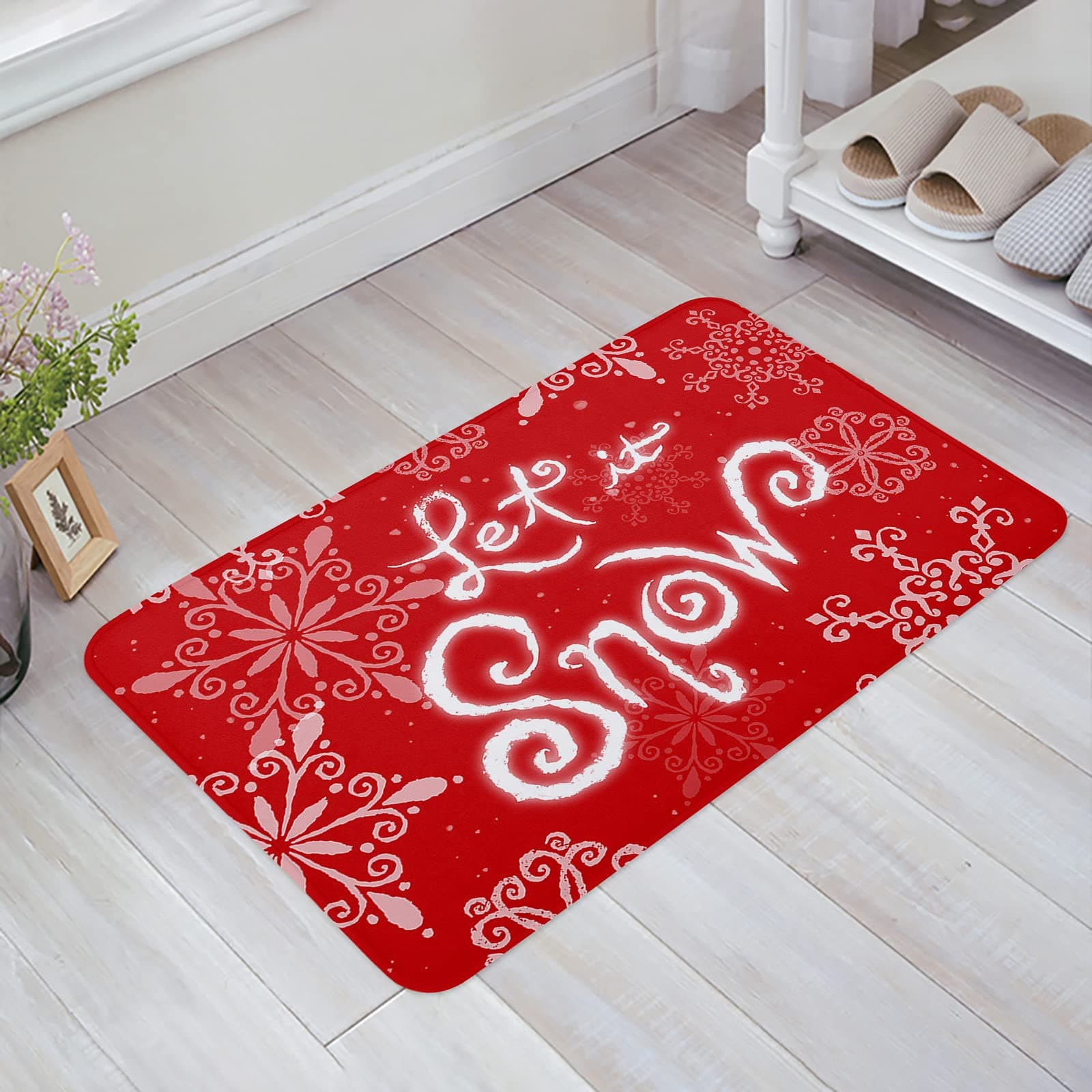 Merry Christmas Indoor Doormat,Front Back Door Mats with Non Slip Backing,Christmas Snowflakes Red Let It Snow Low Profile Welcome Entrance Floor Mat for Outdoor Entry Way, Bathroom Kitchen Rugs