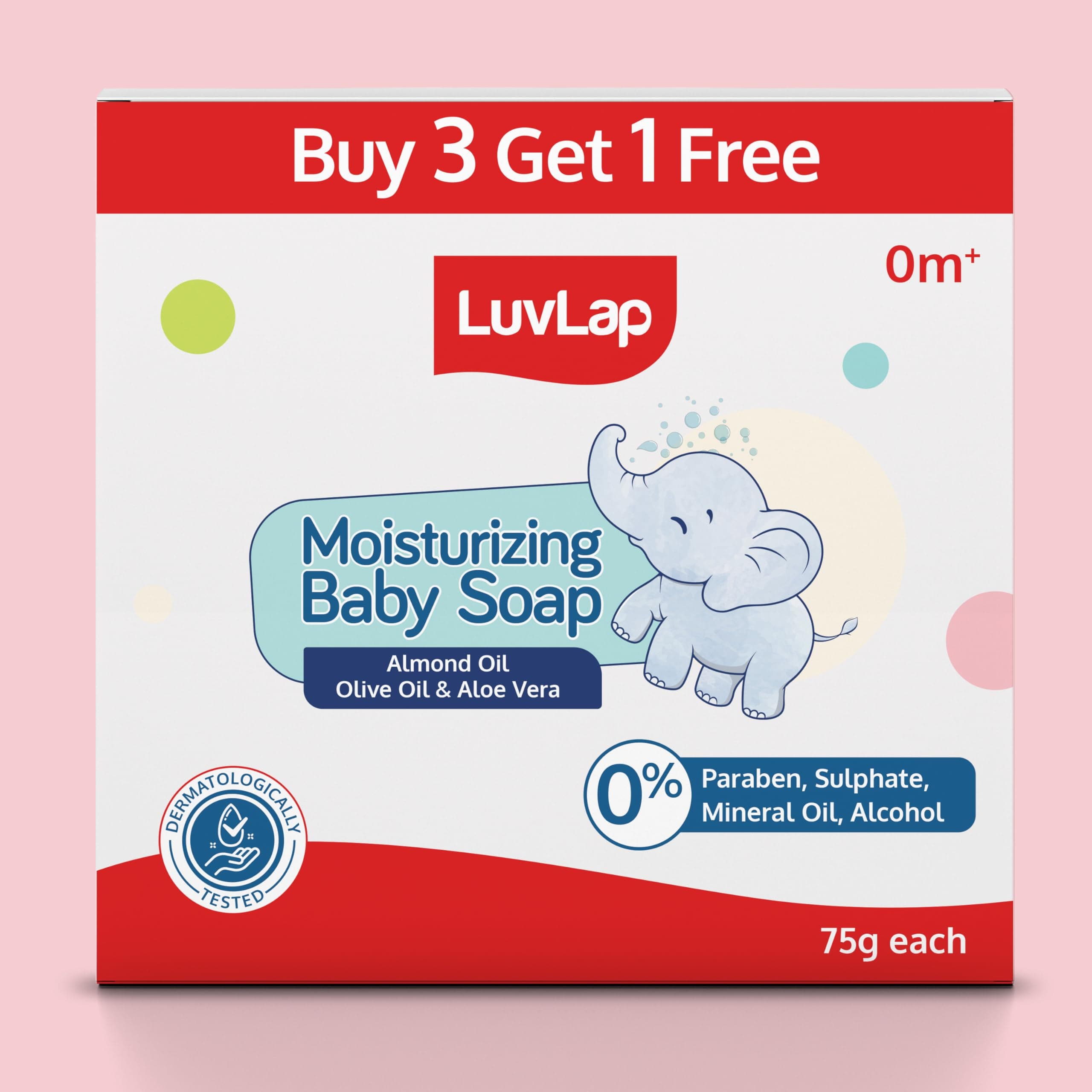 LuvLap Moisturizing Baby Soap - Gentle Bathing Bar, Almond Oil, Olive Oil & Aloe Vera, Dermatologically Tested, Free of Paraben, sulphates, Mineral Oil & Alcohol, 75g (pack of 4), Buy 3 Get 1 Free