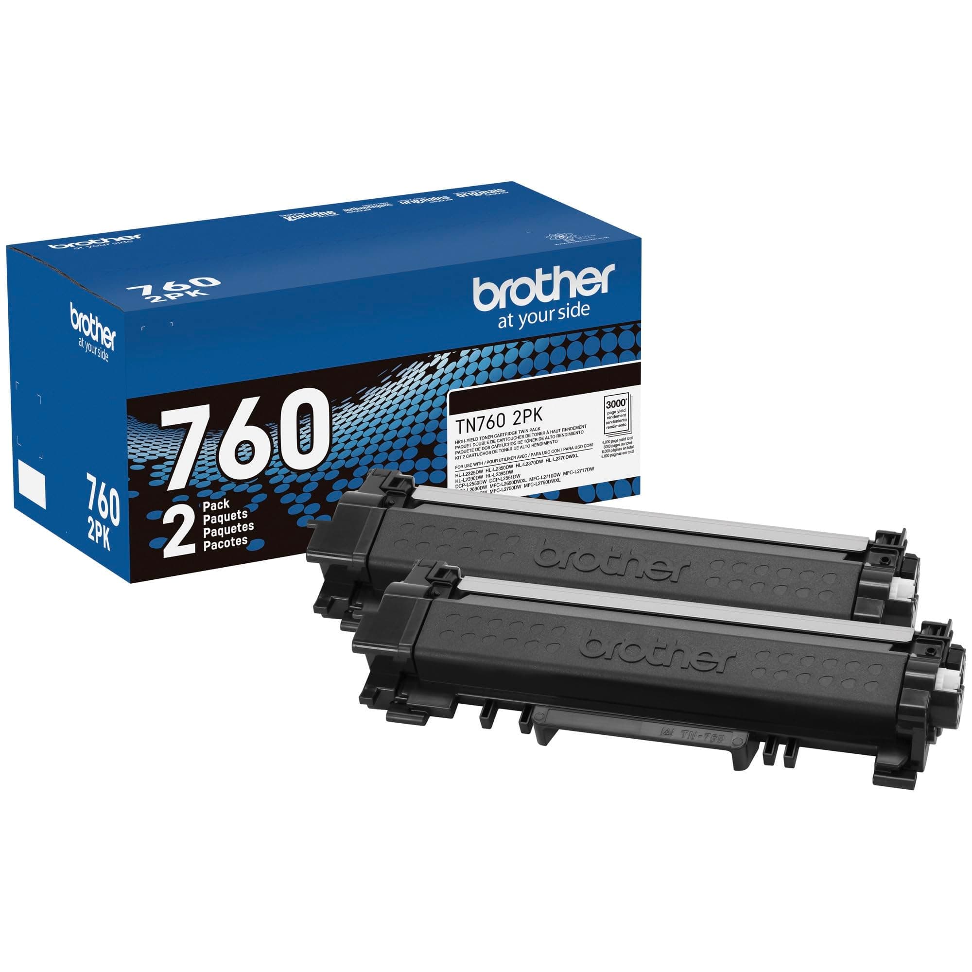 Brother Genuine High-Yield Black Toner Cartridge Twin Pack TN760 2Pk, TN7602PK,2 Pack