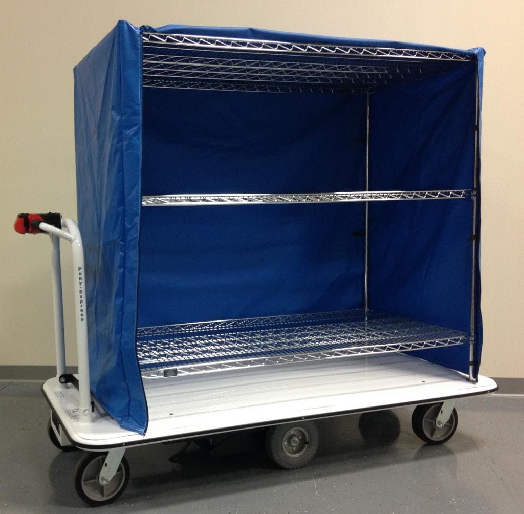 Electro Kinetic Technologies, Pony Express Motorized Stock Cart, 1500 lb. Capacity, 60" High Shelving Unit with Blue Vinyl Cover MCSC-243615-60