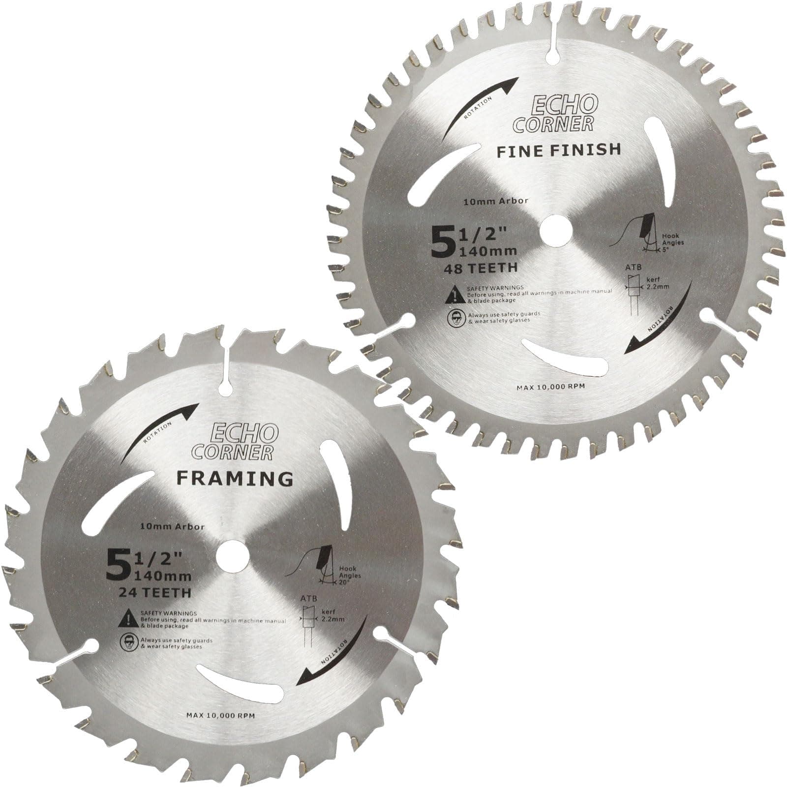 5-1/2" (10mm Arbor) Circular Saw Blades 48Tooth+24Tooth, Heavy Duty Combo Pack Carbide TCT Fine Cut Fine Finish Crosscut Framing Ripping Wood Plywood MDF Plastic Veneer Lumber Laminate