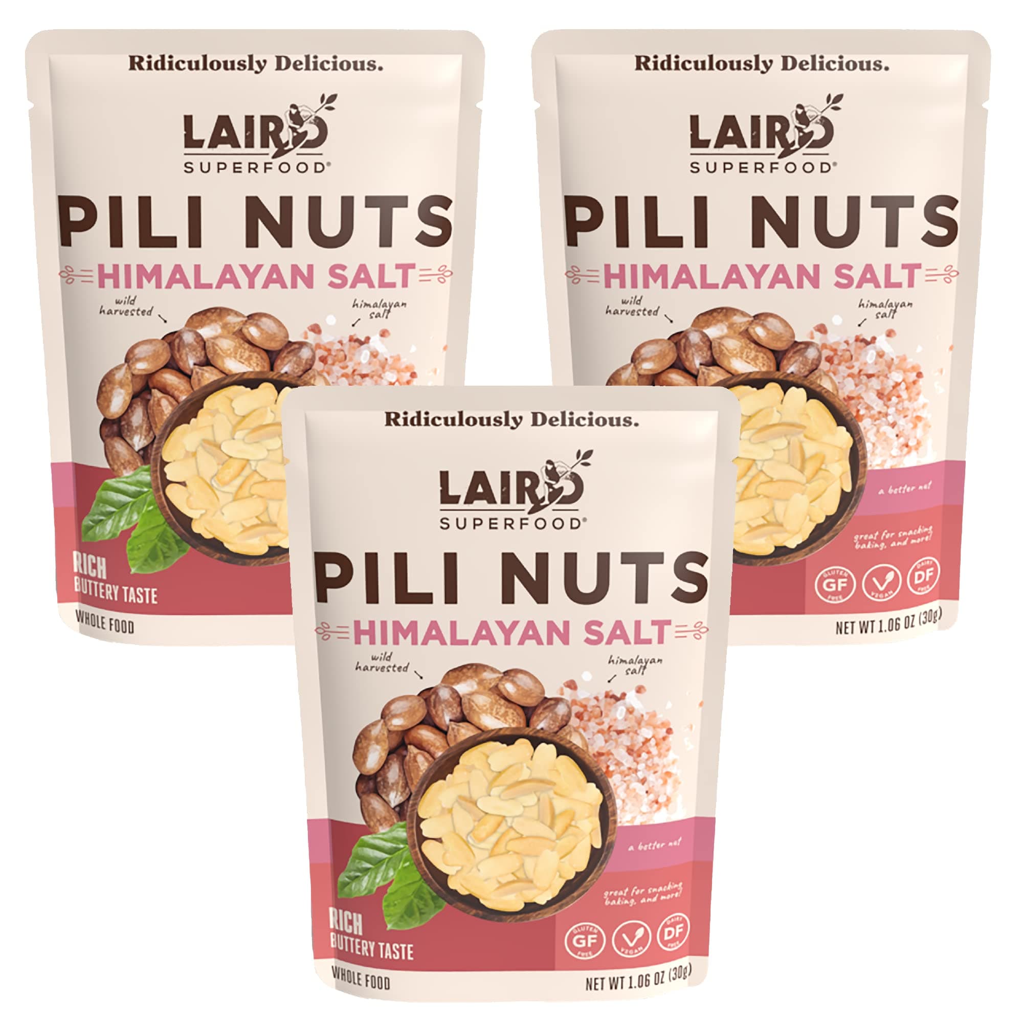 Laird Superfood Himalayan Salt Pili Nuts, Vegan and Keto Snack with 8 essential amino acids, low carb and high fat on the go fuel, 1.06 oz. packets, Pack of 3