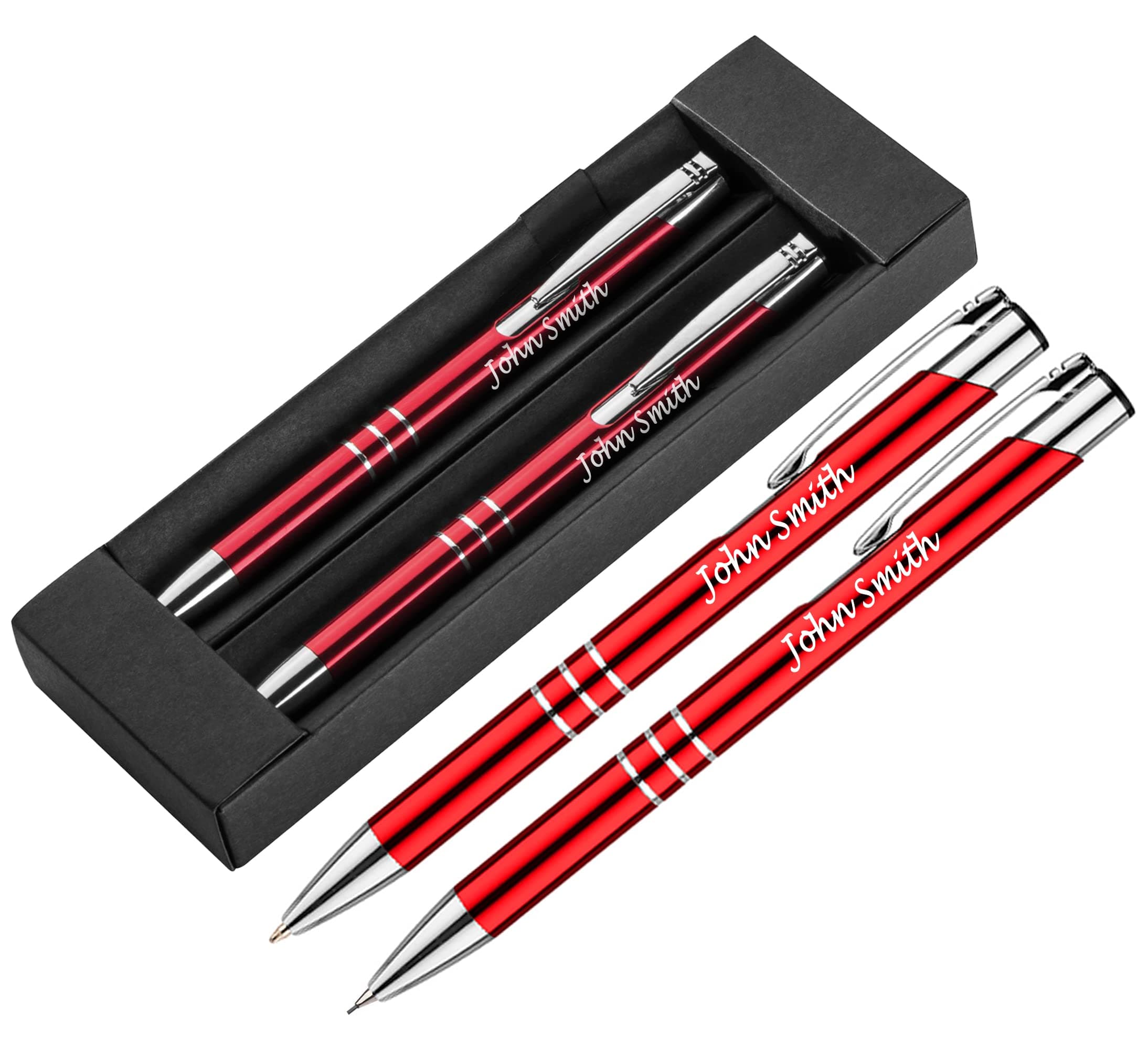 Personalised Engraved Luxury Pen & Pencil Set Gift Boxed + Black Refill (Red)