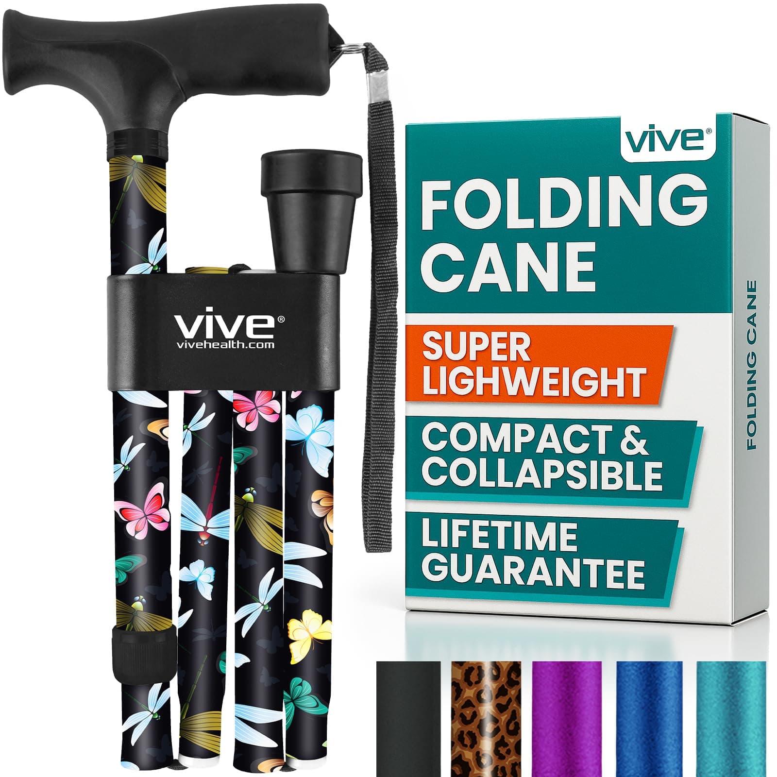 Vive Folding Cane Foldable Walking Cane For Fold Up Collapsible Lightweight Adjustable Portable Hand Walking Stick Balancing Mobility Aid Sleek Comfortable T Handles