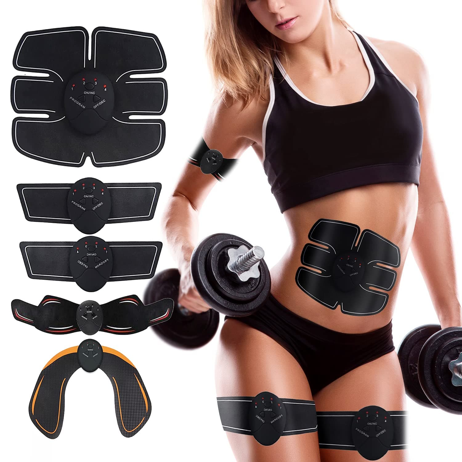 5 Pcs EMS Muscle Stimulator, Abs Trainer Hips Trainer Electronic Toning Belts, Abs Toning Belt Workout Equipment, Muscle Stimulator 6 Modes & 10 Intensity for Abdomen Arm Leg Hips Men & Women