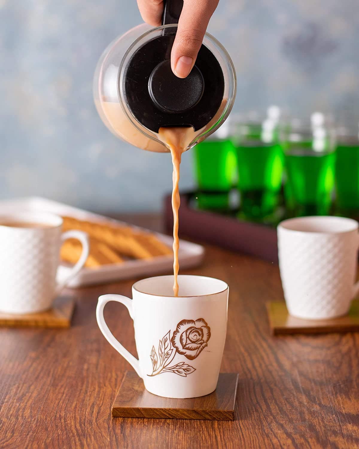 TRENDHOOK White Indian Ceramic Coffee Mugs Set of 6, Embossed Coffee & Tea Cups Set with Different Patterns, for Coffee, Tea, Milk, Cocoa, Cereal (180 ML)