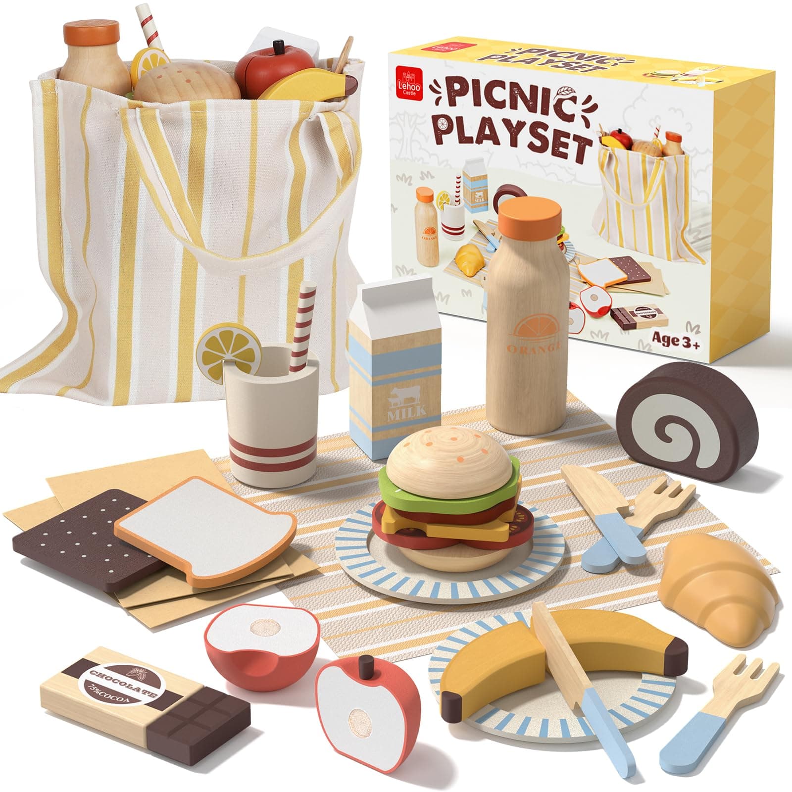 Lehoo Castle Play Food Sets for Kids, Wooden Kitchen Toys, Pretend Picnic Play Set with Canvas Bag, Cutting Food Toddlers, Gift for Girls Boys 3 4 5 6 Years Old