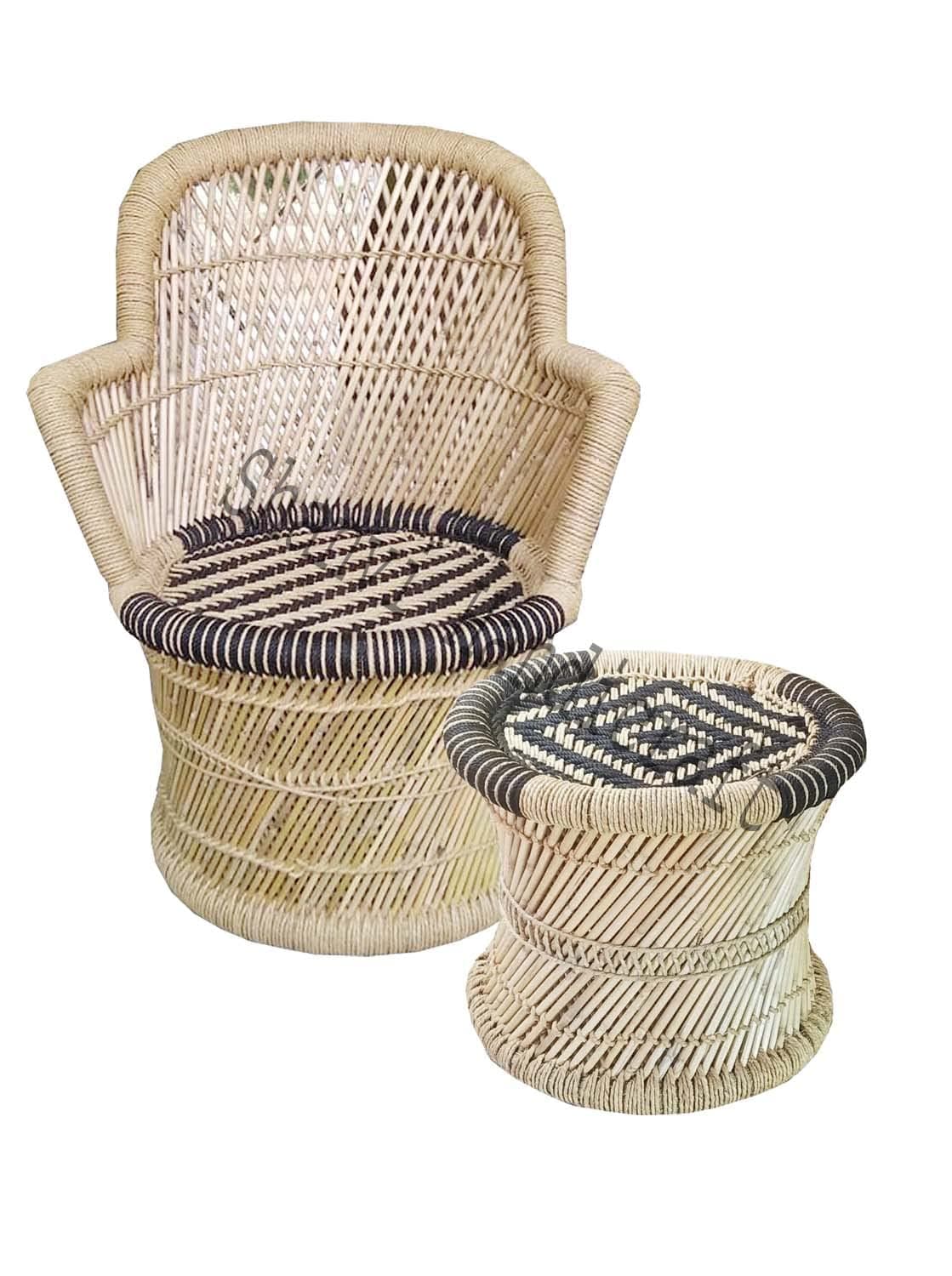 Shanvi Handicraft ! Pure Natural and Handmade Bamboo Mudda Chair with (Arm Rest) Black and Biege with Mudda- Standard
