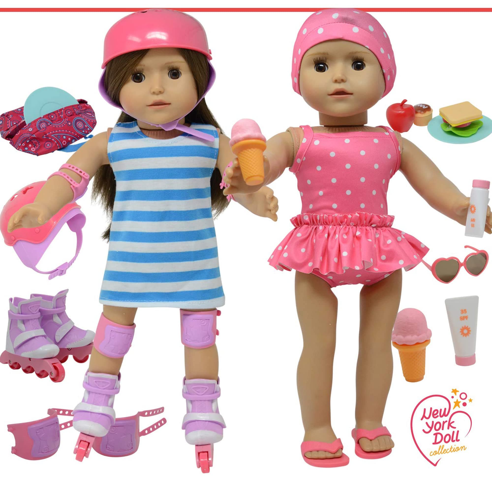 The New York Doll Collection Doll Accessories Fits All 18 Inch/46cm Dolls - Includes Roller Skates and Bathing Suit Swim Set for Fashion Girl Dolls - Doll Clothing and Many More Accessories