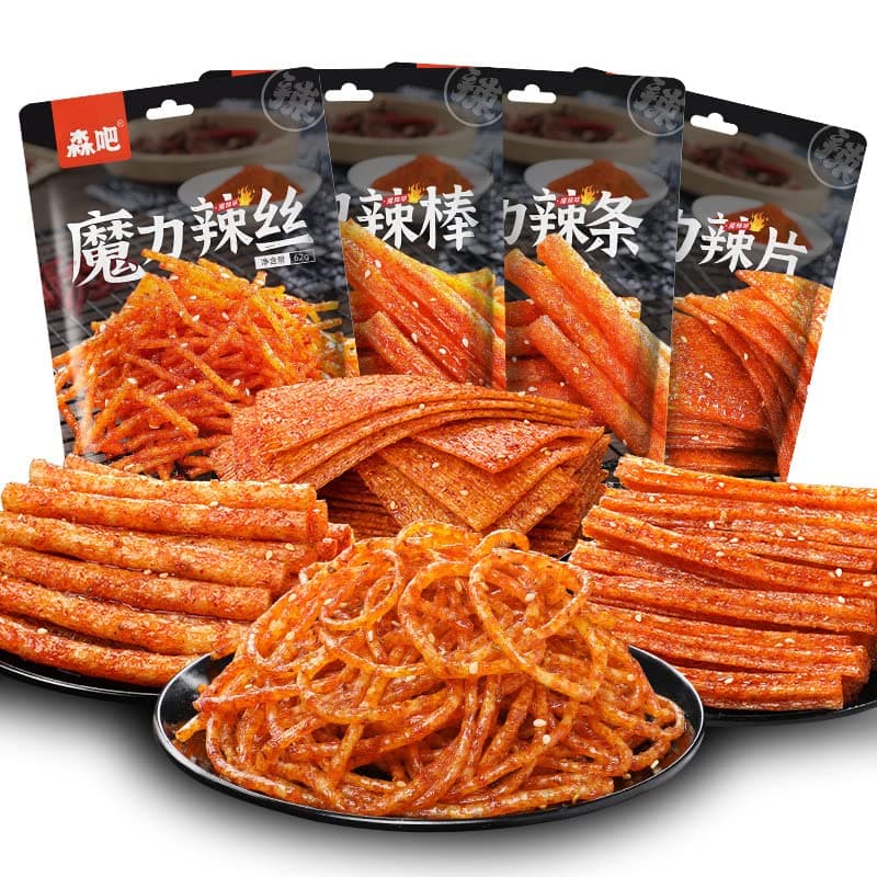Spicy Strips 62g/bag, Hunan Latiao, Snack Gift, Childhood Nostalgia Snack, Handmade Spicy Slices Spicy Sticks Gluten, Chinese Net Celebrity Instant Spicy Snacks (Mixed flavors,4 bags)