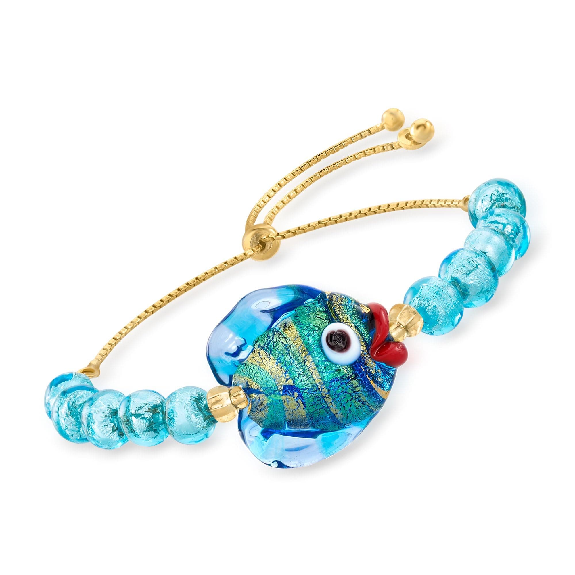 Italian Multicolored Murano Glass Fish and Bead Bolo Bracelet With 18kt Gold Over Sterling