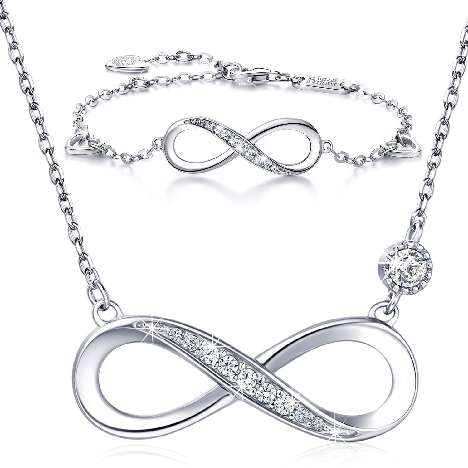 925 Sterling Silver Necklace Bracelet One Sets Forever Love” Infinity Heart Love Jewelry Sets White Gold Plated Diamond Women Necklace Gift for Mother's Day (A- silver)