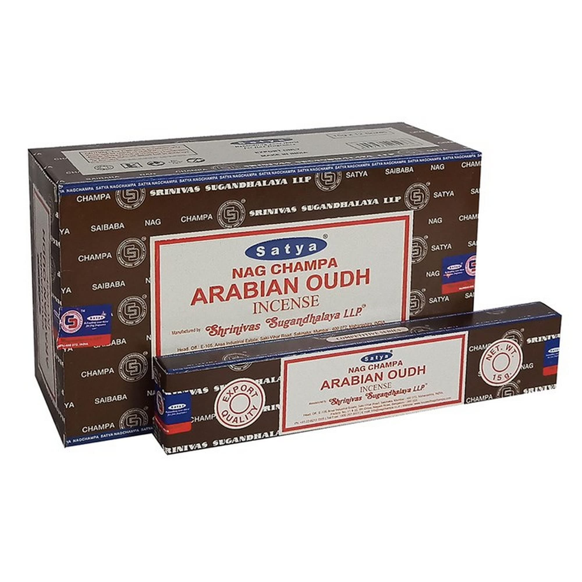 Satya Nag Champa Arabian Oudh Incense Sticks Agarbatti 180 Grams Box | 12 Packs of 15 Grams Each in a Box | Free Wooden Stand | Export Quality