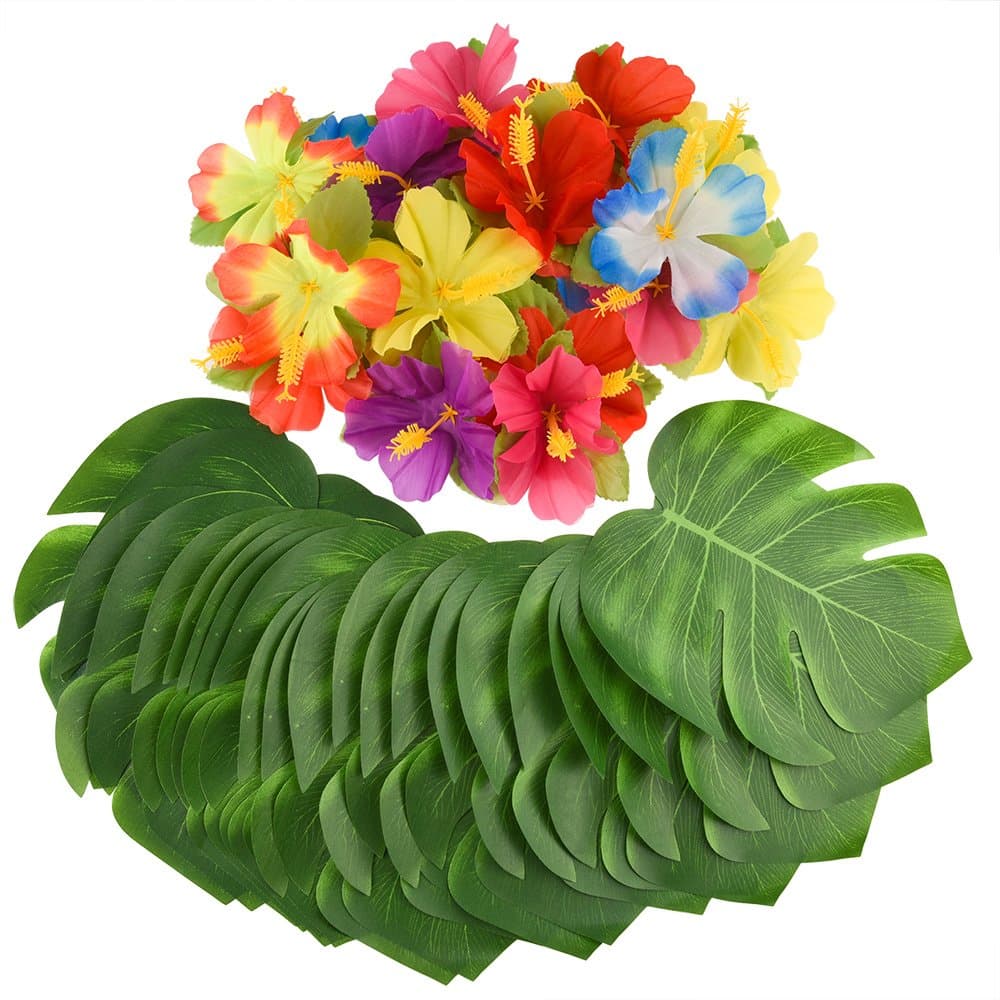 KUUQA 60 Pcs Tropical Party Decoration Supplies 8" Palmtera Hibiscus Leaves and Flowers, Simulation Leaf for Hawaiian Luau Party Jungle Beach Theme Table Decorations