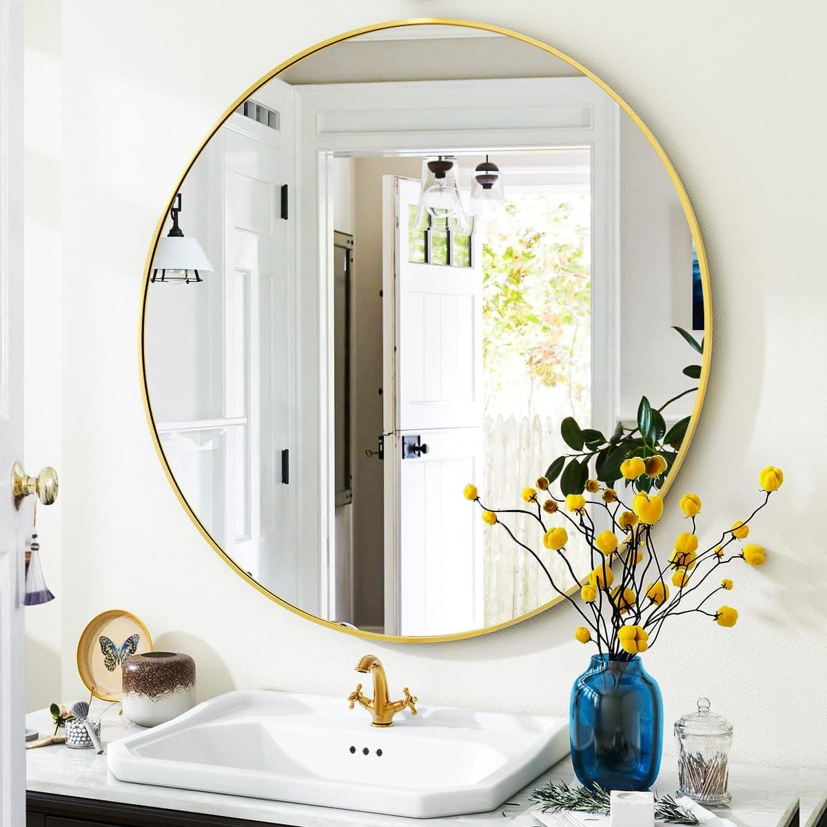 VooBang Gold Round Bathroom Mirror, 24 inch Circle Wall Mounted Hanging Mirror with Simple Modern Circular Metal Frame for Hallway, Entryway, Living Room, Gold Frame