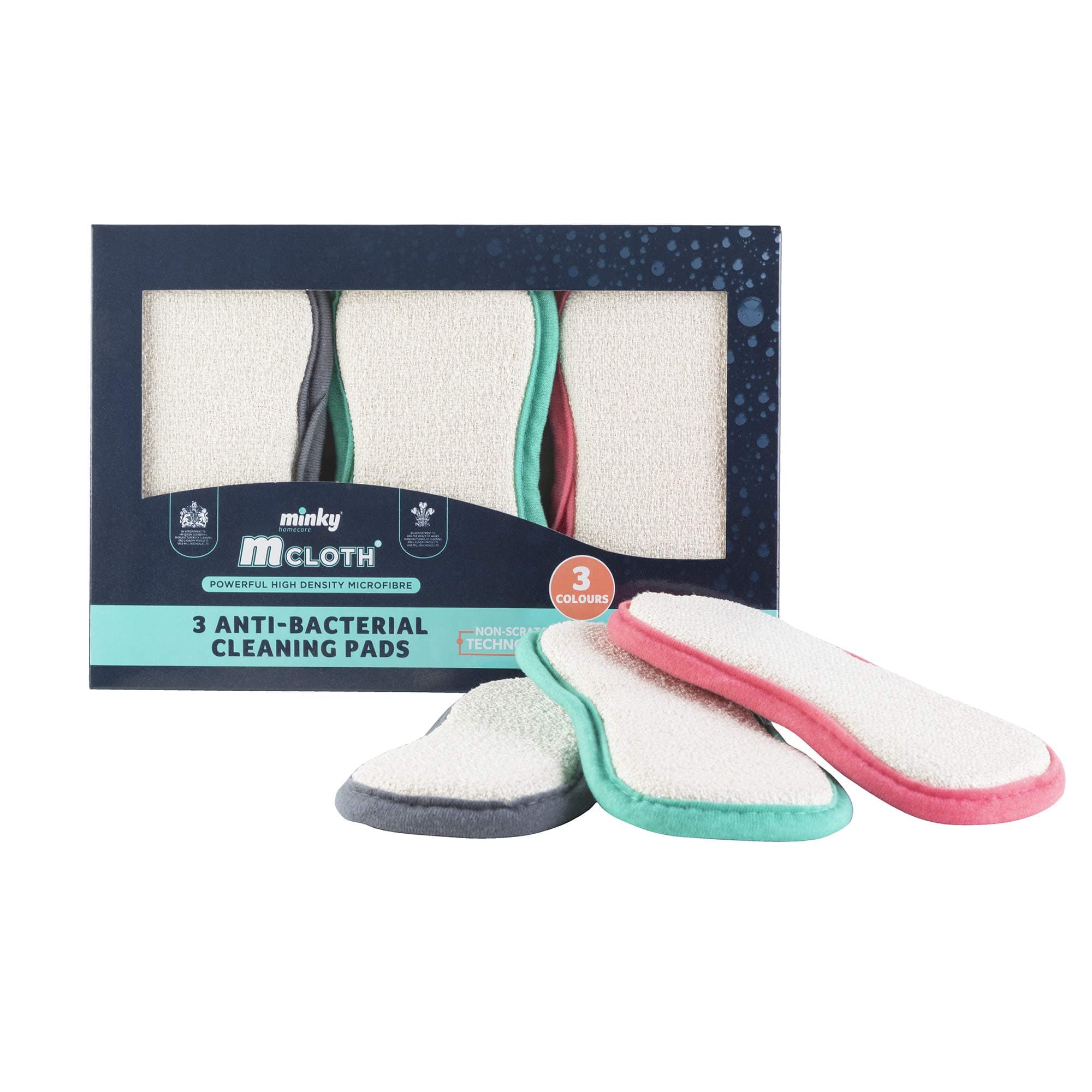 Minky TT78790300 M Cloth Anti-Bacterial Cleaning Pad 3 Pack - Grey, Pink, Green