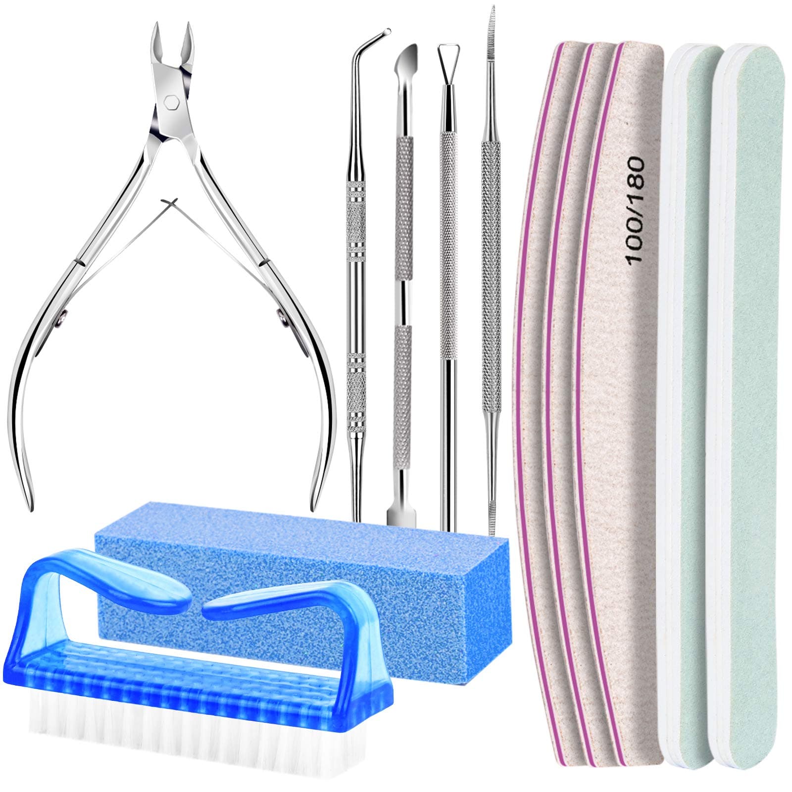 FANDAMEI Manicure Set Nail Tools, Nail Files 100/180, Nail Buffer Block, Cuticle Nippers, Cuticle Pusher, Cuticle Peeler, Nail Lifter for Ingrown Toenails, Toenail File, Nail Brush, Nail Care Tool Kit