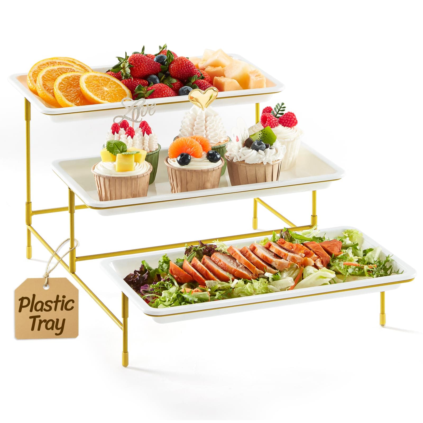 Lifewit 3 Tier Serving Tray for Party, 30 x 17 cm/12 x 6.5 Plastic Serving Platters, White Tiered Tray Stand with Gold Collapsible Metal Stand, Decorative Dessert Table Display Set for Buffet