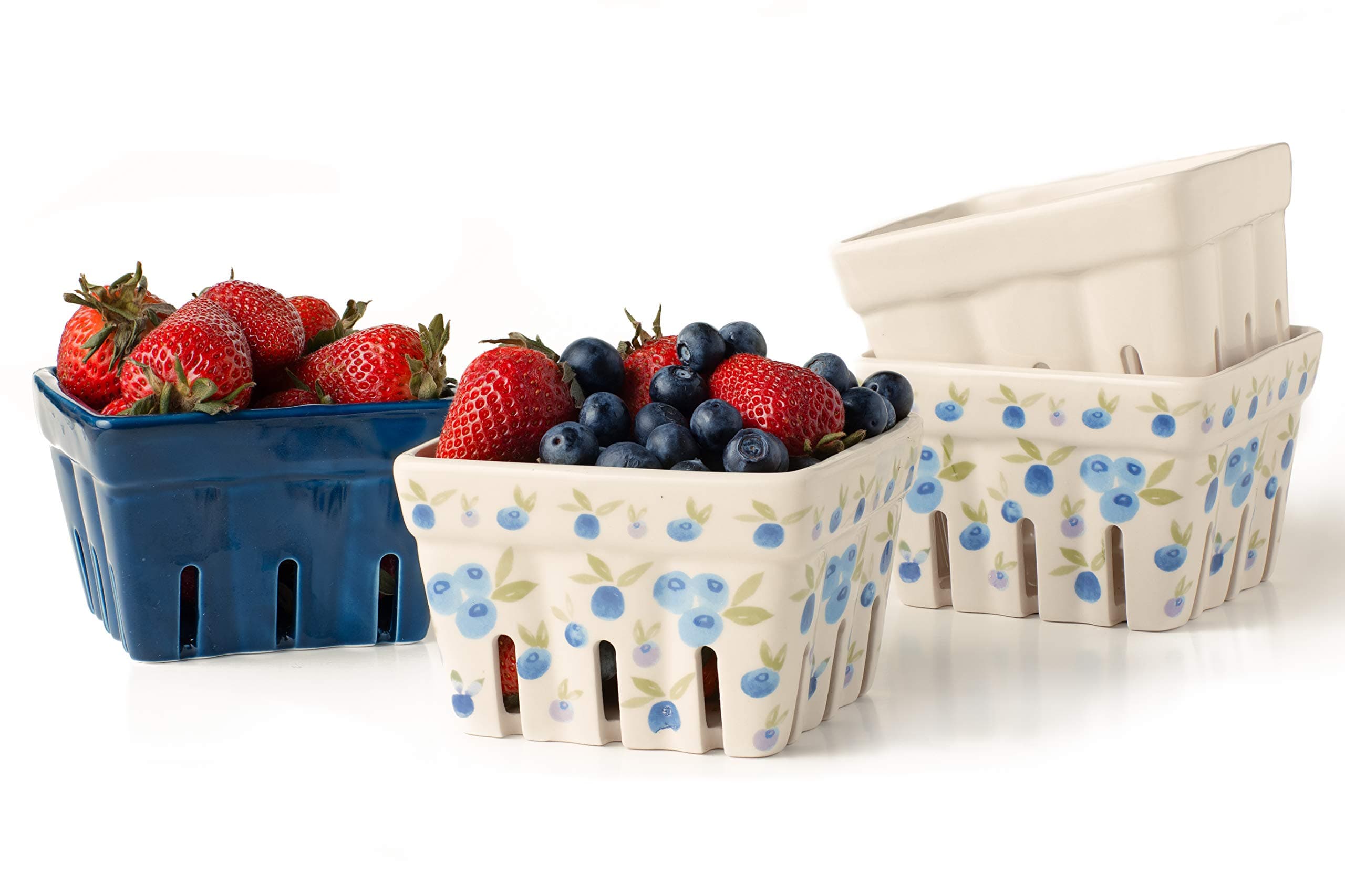 BIEN BEAU Farmhouse Ceramic Berry Basket, Colander, Farmers Market square Bowl. Rustic Kitchen decor fruit, Fruit Baskets, Bleu White and Blueberry pattern Stoneware Harvest Bowls Set of 4 …