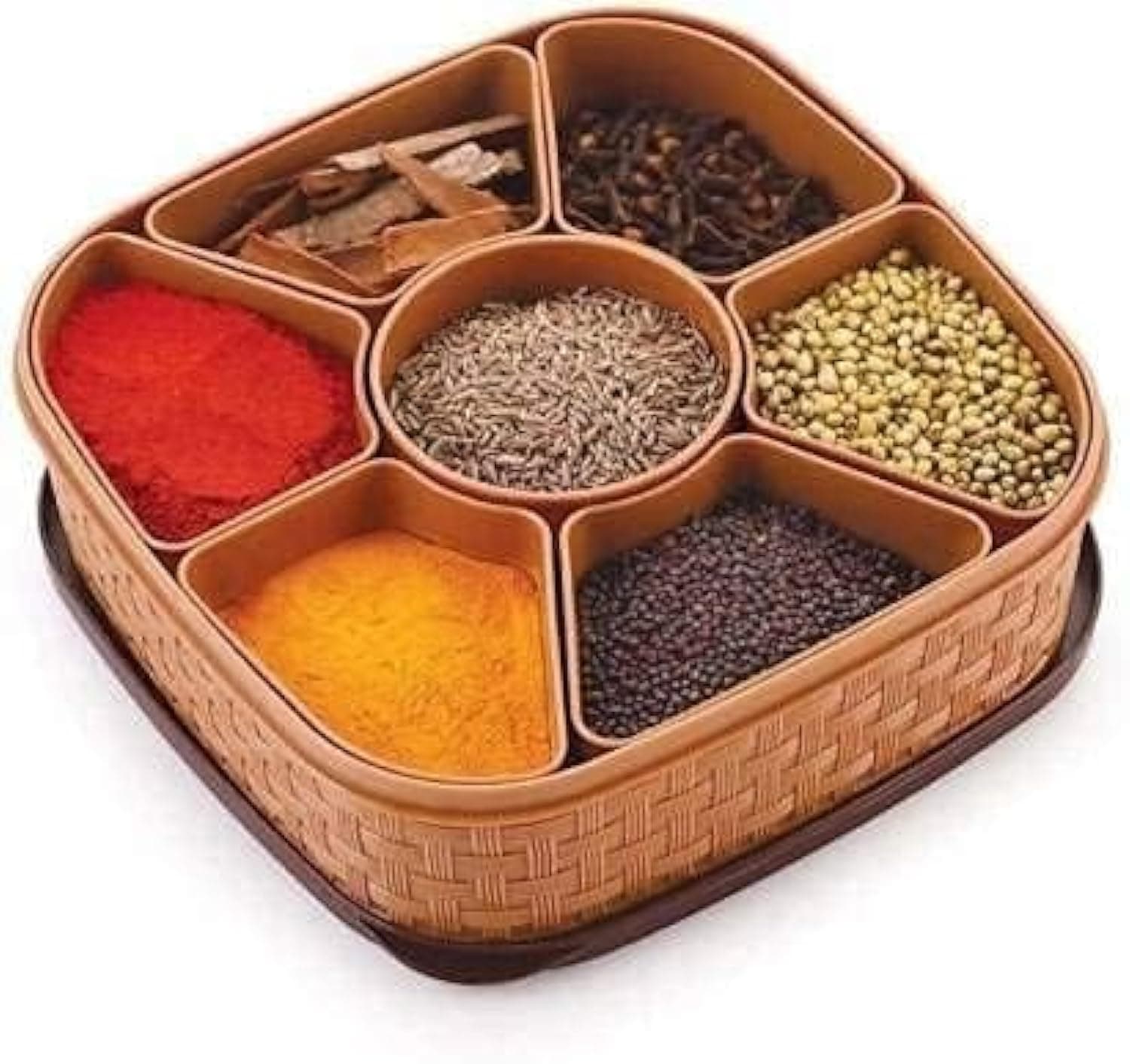 Nakoda Woven Sq Titan Plastic Masala Box (Dabba) - 7 Sections, 700 Ml, Assorted Colour (Multicolour), 1 Piece