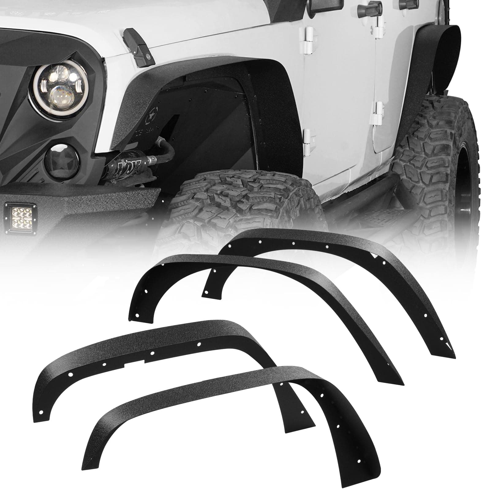 Hooke Road Steel Fender Flares for 2007-2018 Jeep Wrangler JK & Unlimited Off-Road Front & Rear Flat Fender Armors 4PCS Set