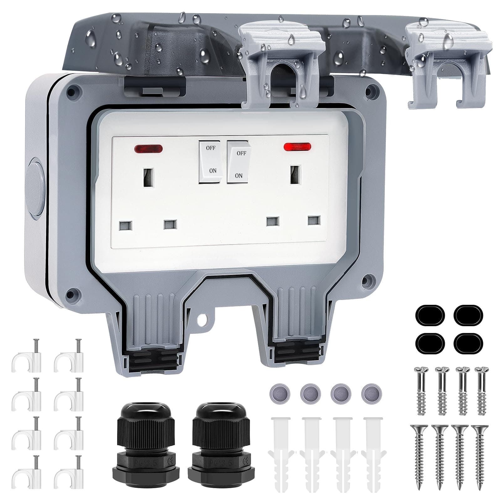 Double Outdoor Socket Waterproof Outside Plug Socket Weatherproof IP66 Wall E...