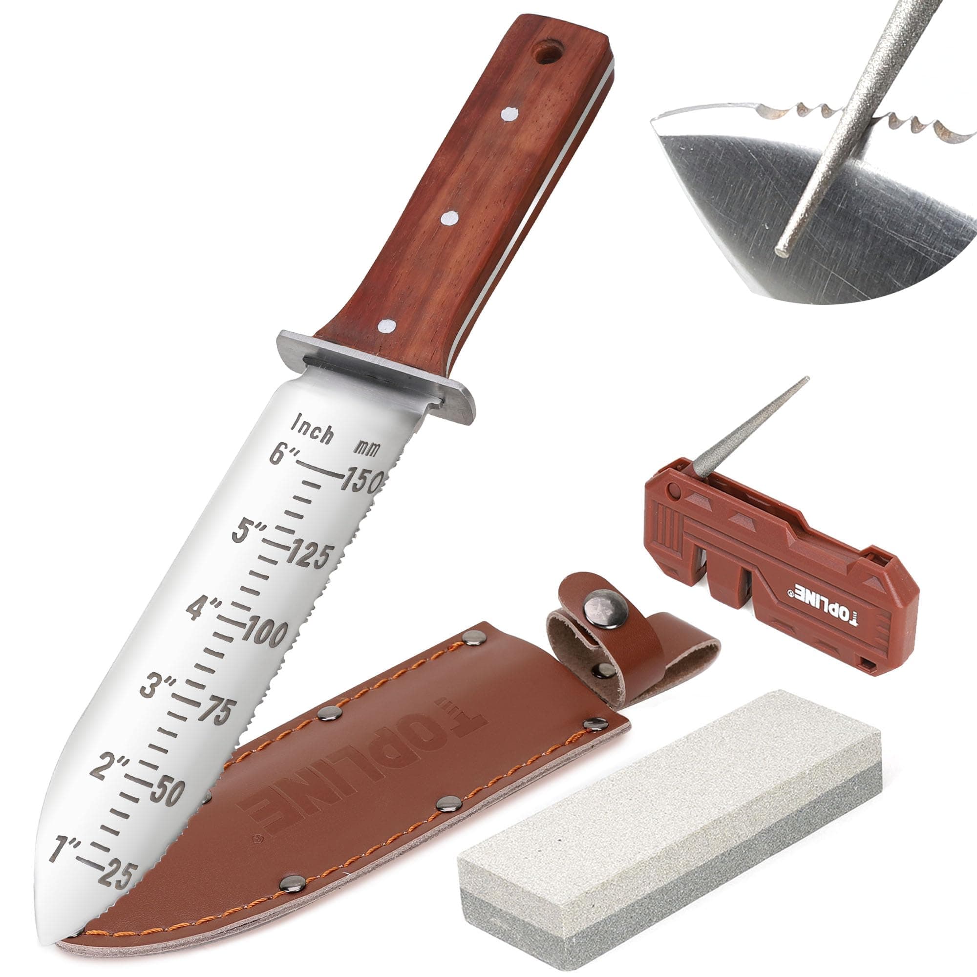 Hori Hori Garden Knife, Double-edge Stainless Steel Blade, Garden Knife with Leather Sheath for Digging, Weeding, Planting, Sharpener, Sharpening Stone Included