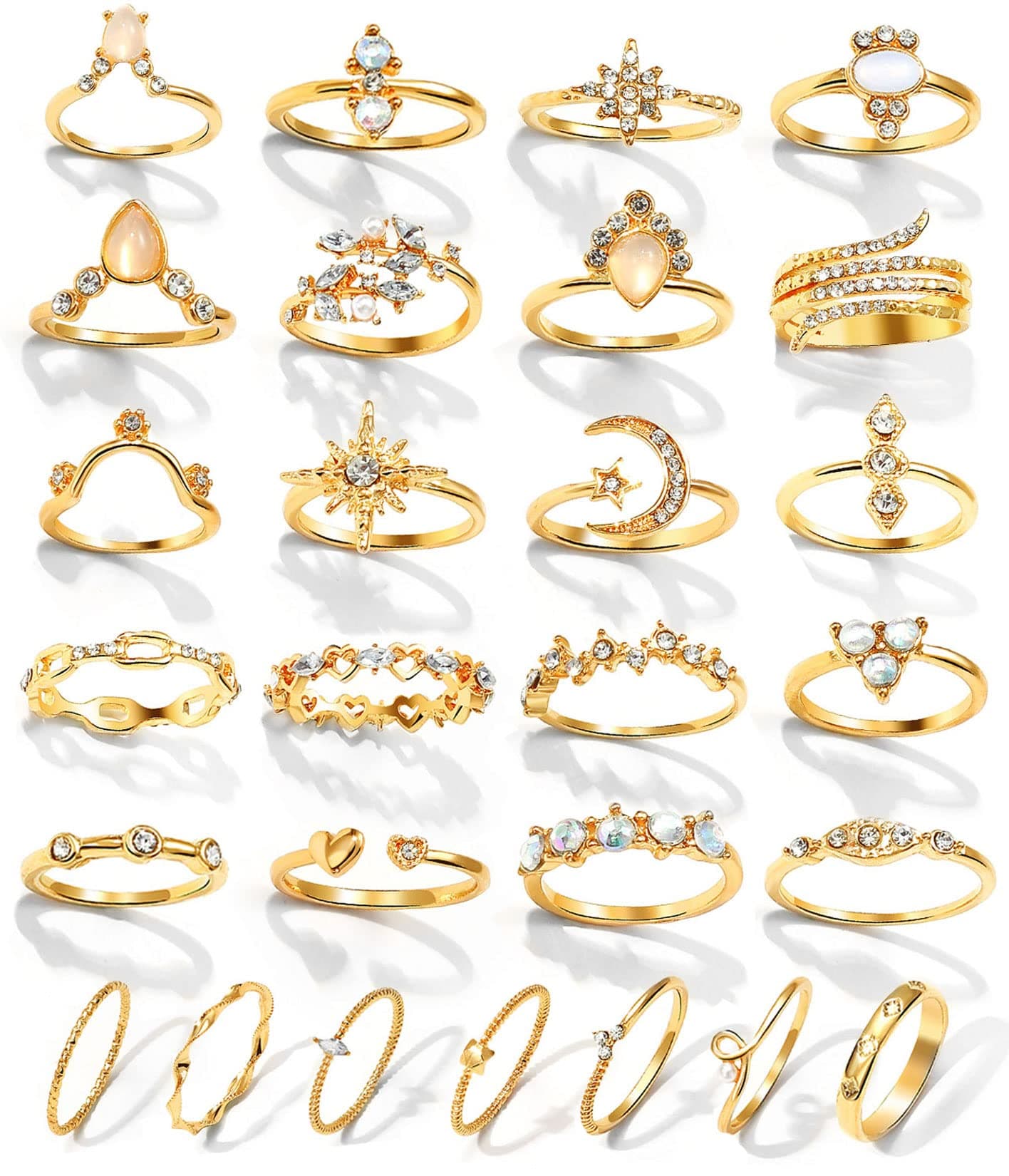 Gold Boho Sparkle Knuckle Rings Set For Women, Vintage Fashion Aesthetic Trendy Joint Snake Ring Pack, Retro Pink Rhinestone Assorted Moon Star Crystal Love Leaf Diamond Pearl Jewelry