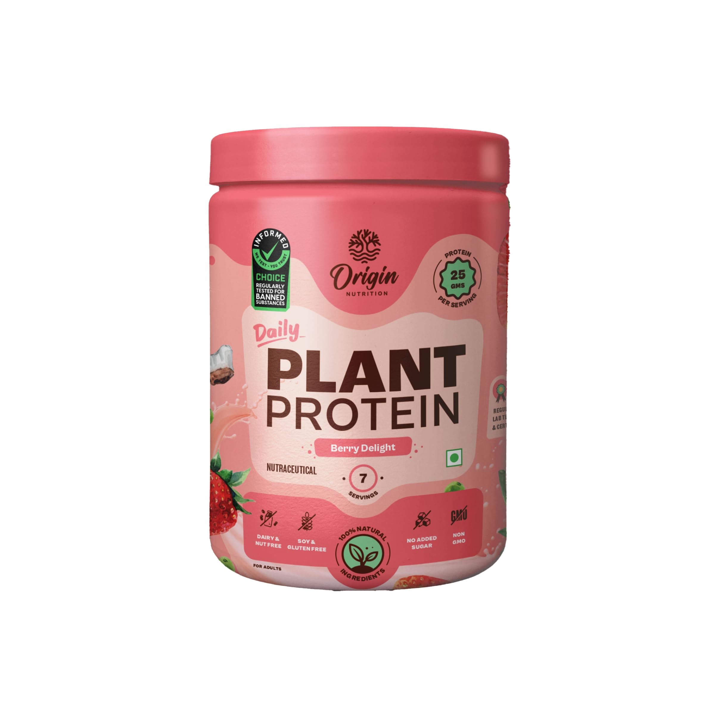 ORIGIN NUTRITION 100% Natural Vegan Plant Protein Powder,Ranked Best Vegan Protein,Easy To Digest Strawberry Flavour With 25G Plant Based Protein,Dairy Free,No Added Sugar,Non-Gmo,7 Servings,290G