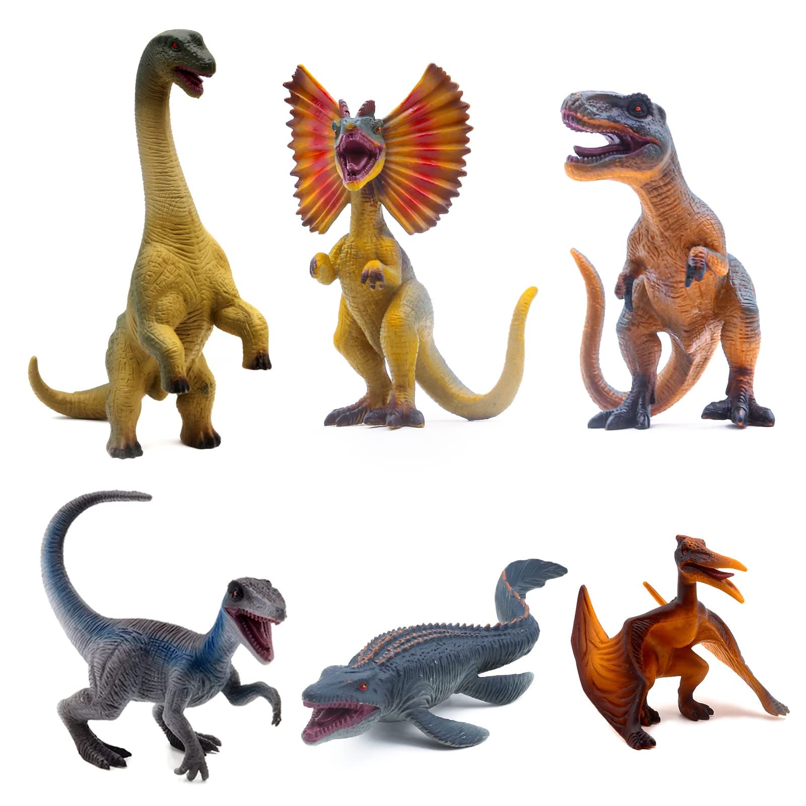 SIENON 6Pack 6.3 Inch Jurassic Dinosaur Toy Figures, Realistic Dino Toys Set Dilophosaurus Blue Velociraptor T-Rex Mosasaurus Brachiosaurus Pterosaur Dinosaur Figurines for Dino Party Décor