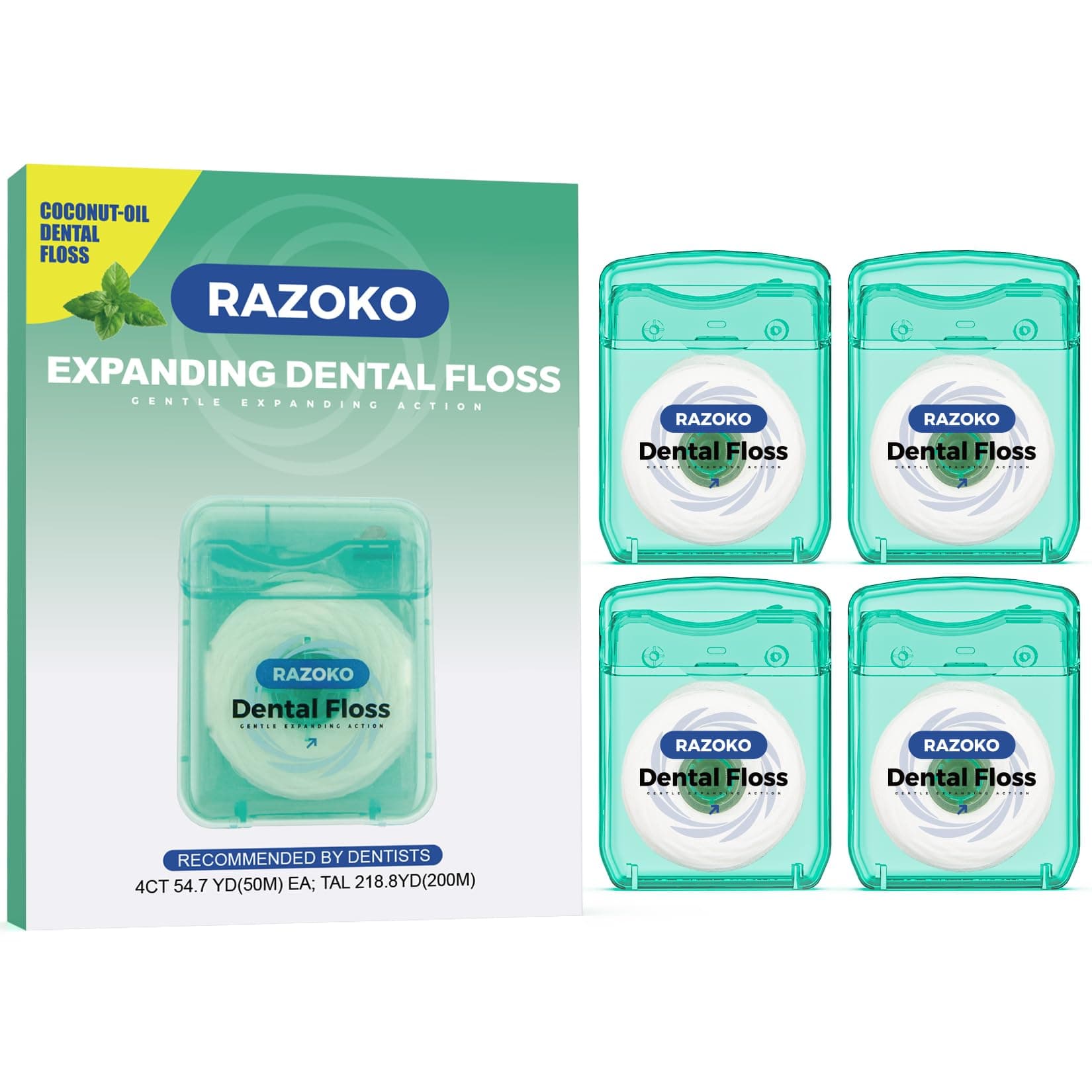 RAZOKO Coconut Oil Dental Floss Expanding Dental Floss (55 Yards, 4 Count) - Mint Flavor