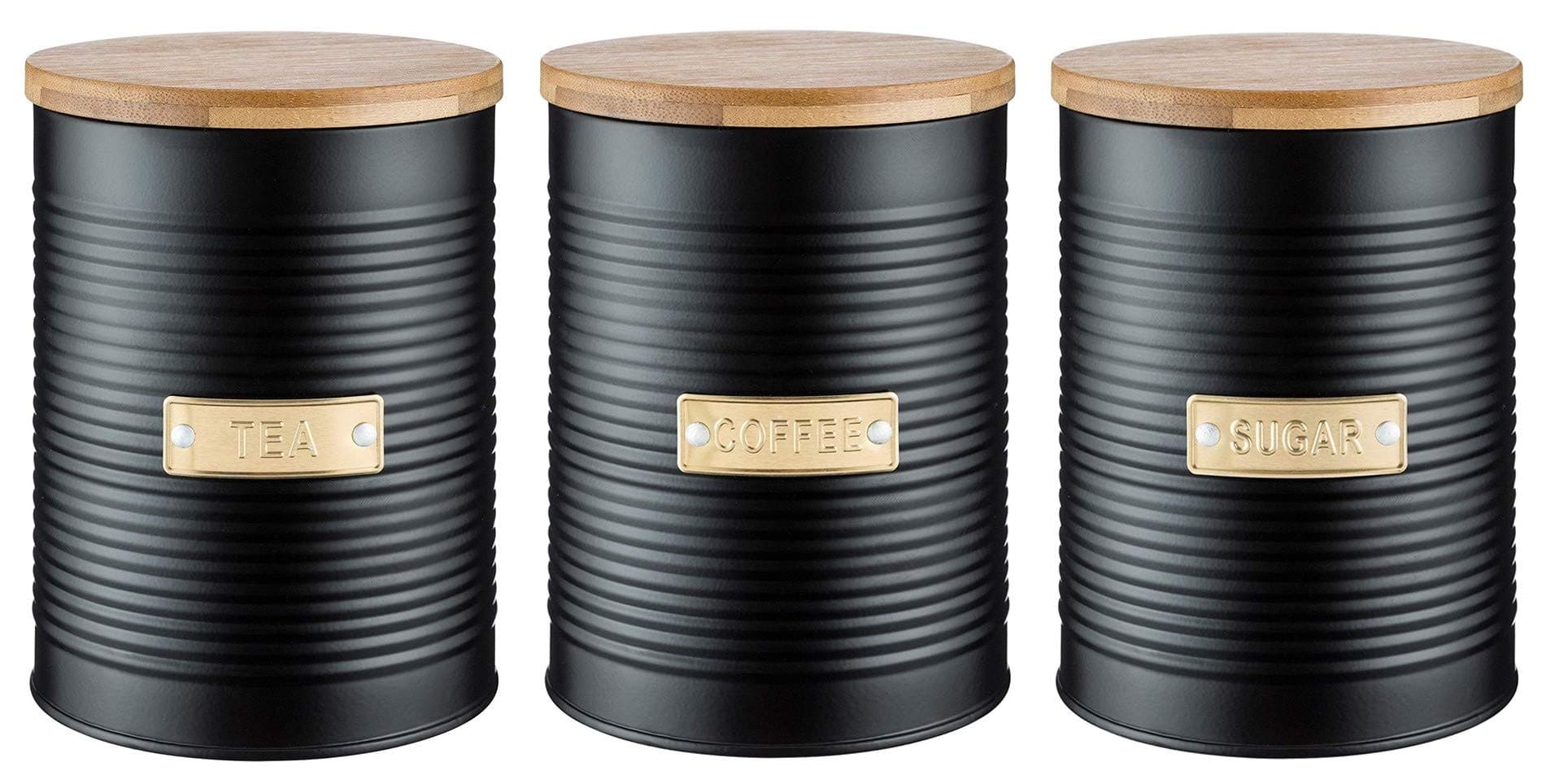 TyphoonOtto Tea, Coffee and Sugar Storage Canister with Bamboo Lid, Set of 3, Black, 1 Litre