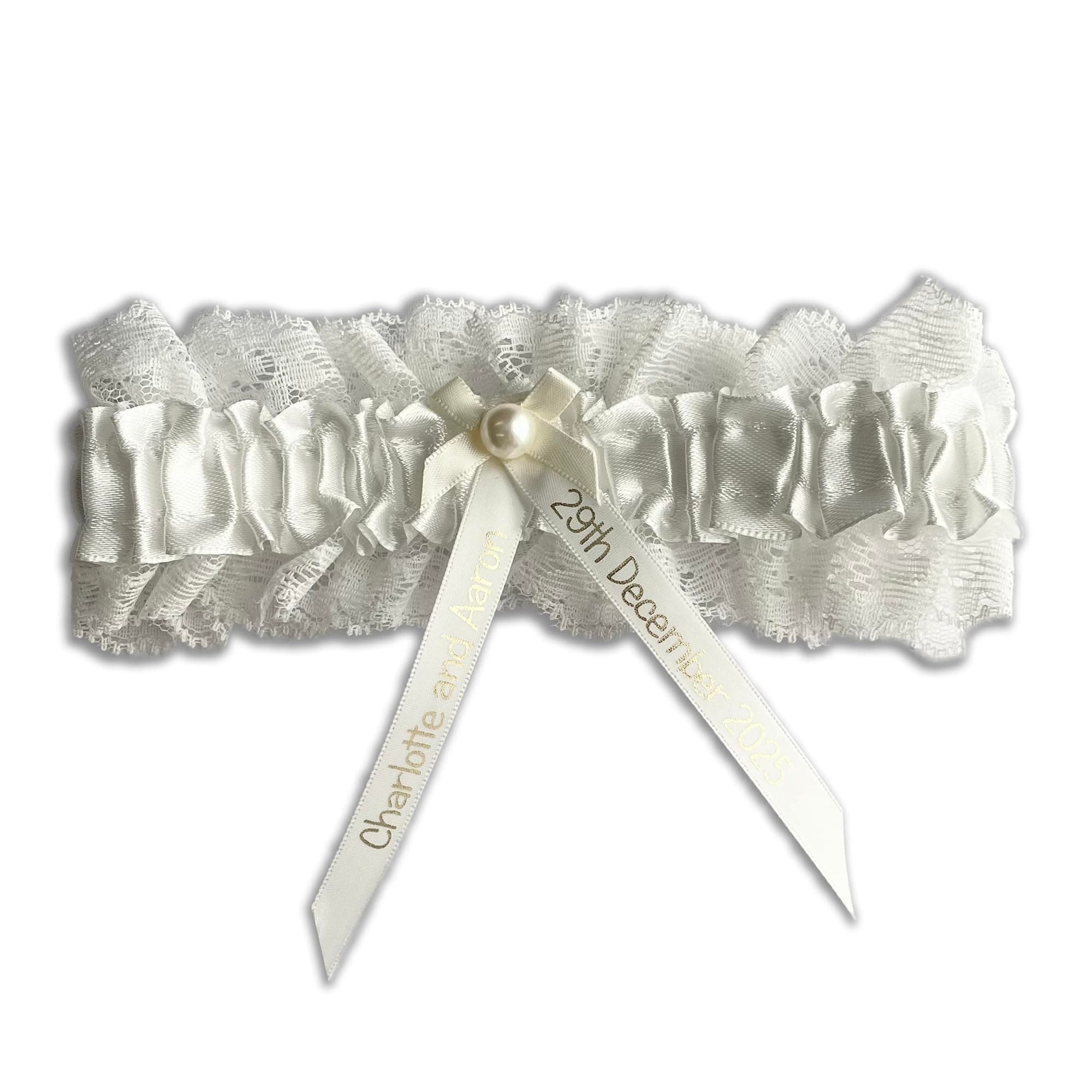 My Pretty Little GiftsPersonalised Ivory/Gold Garter - Wedding Favour Bride to Be Hen Party Night