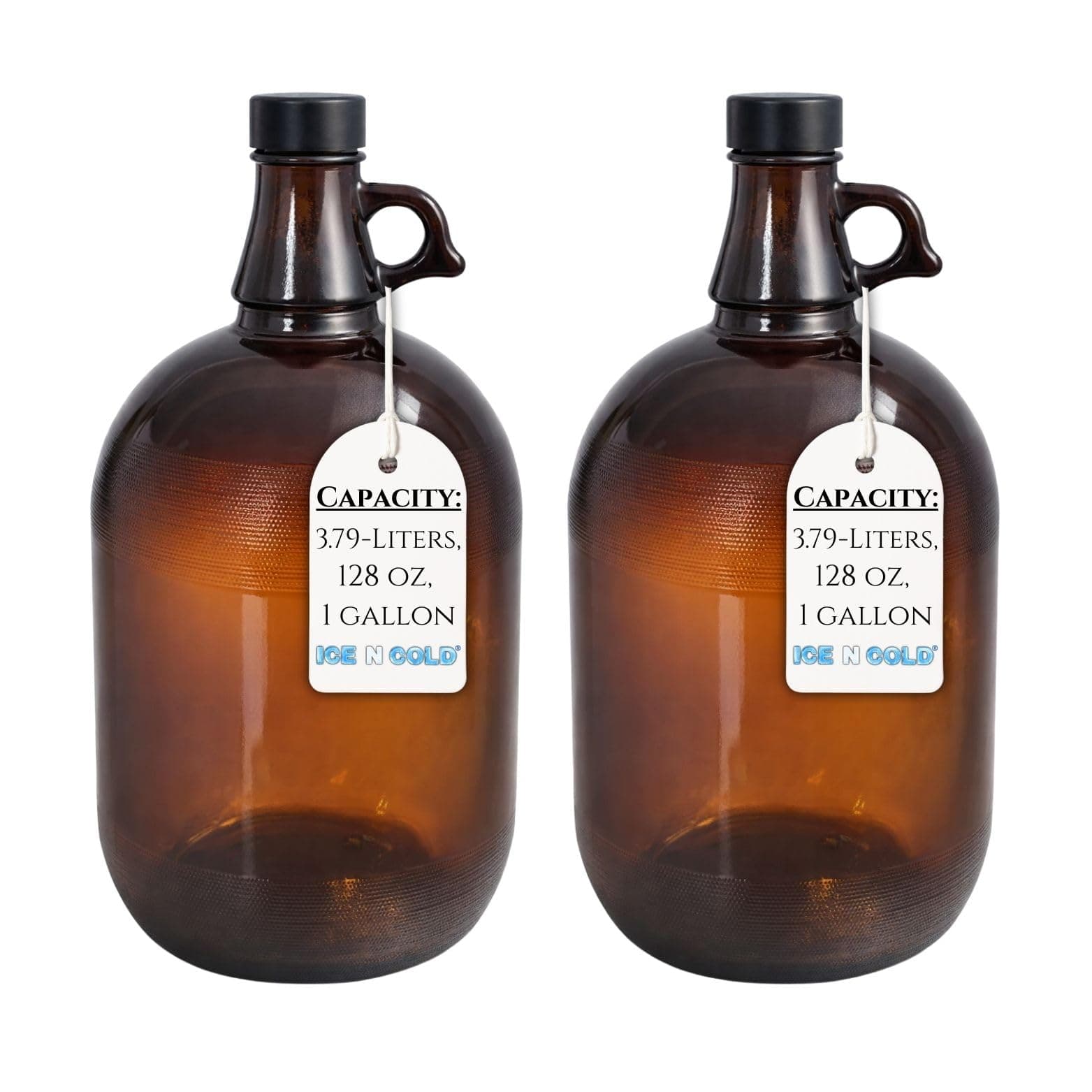 1 Gallon (128oz) Glazed Amber Glass Jug With 38mm Cap - Pack of Two, Large