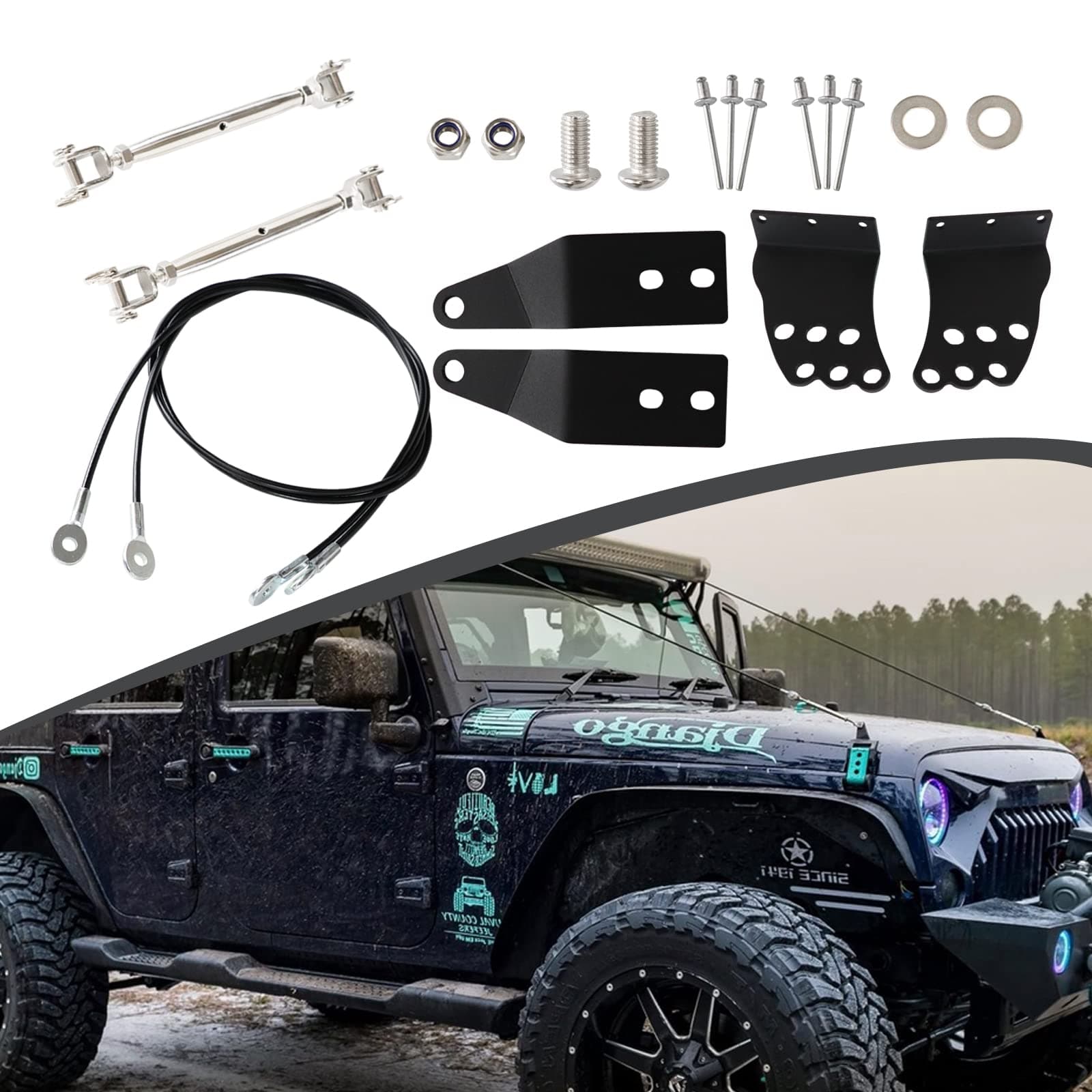Adjustable Limb Risers Kit Compatible with for Jeep Wrangler TJ JK 1997-2018 Engine Hood Protective Sub-line Branch Bracket Through The Jungle Windshield Protector Obstacle Eliminate Rope