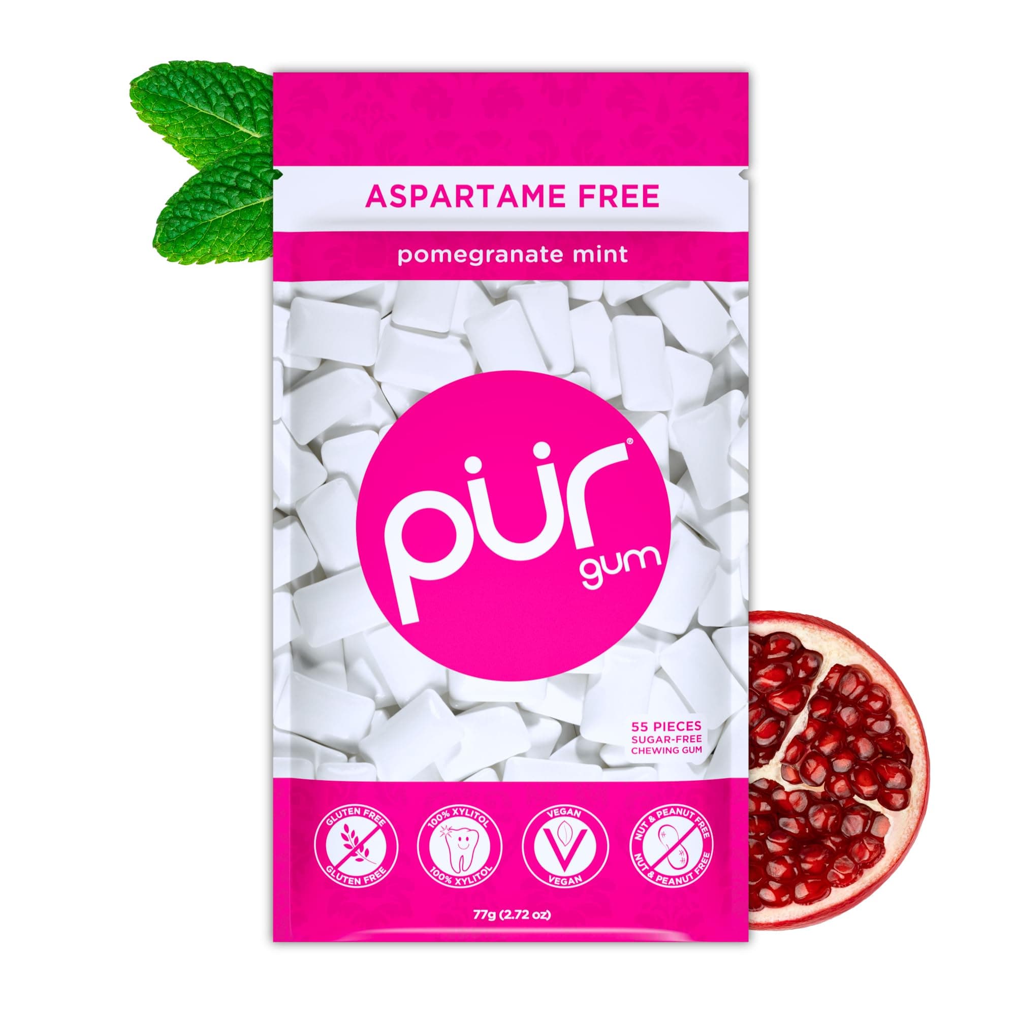 Aspartame Free Chewing Gum | 100% Xylitol | Natural Pomegranate Mint Flavored Gum, 55 Pieces (Pack of 1)
