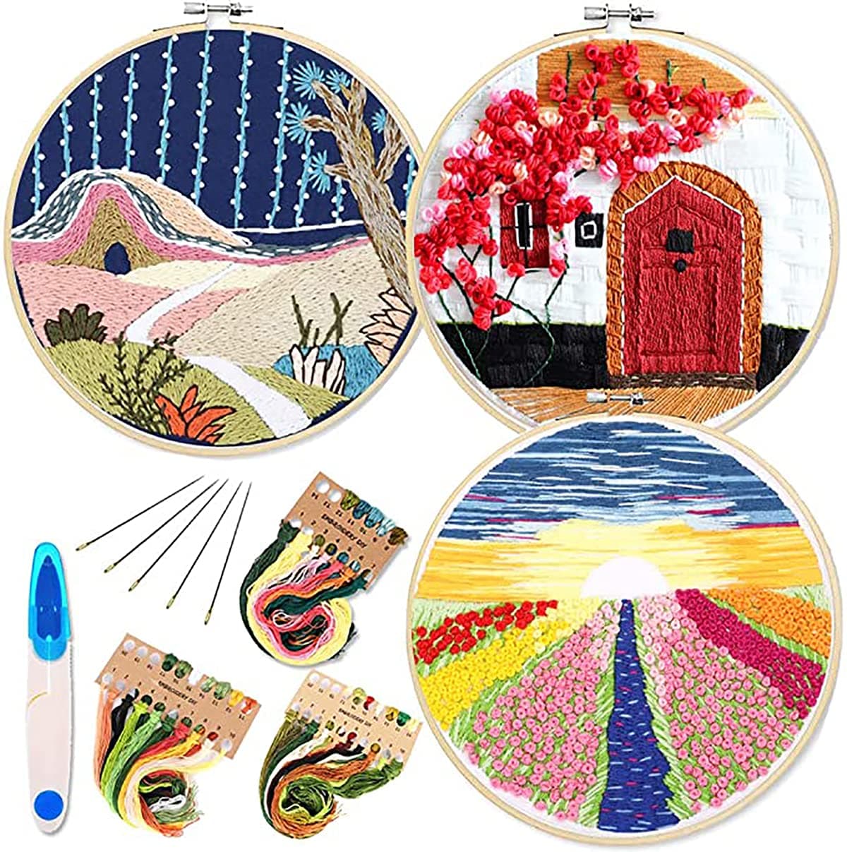 Embroidery, Starter Kit with Pattern and Instructions, 3 Sets Cross Stitch Kit Include Embroidery Clothes with Plants Flowers Pattern, 1 Embroidery Hoops, Color Threads and Tools (Sunrise)