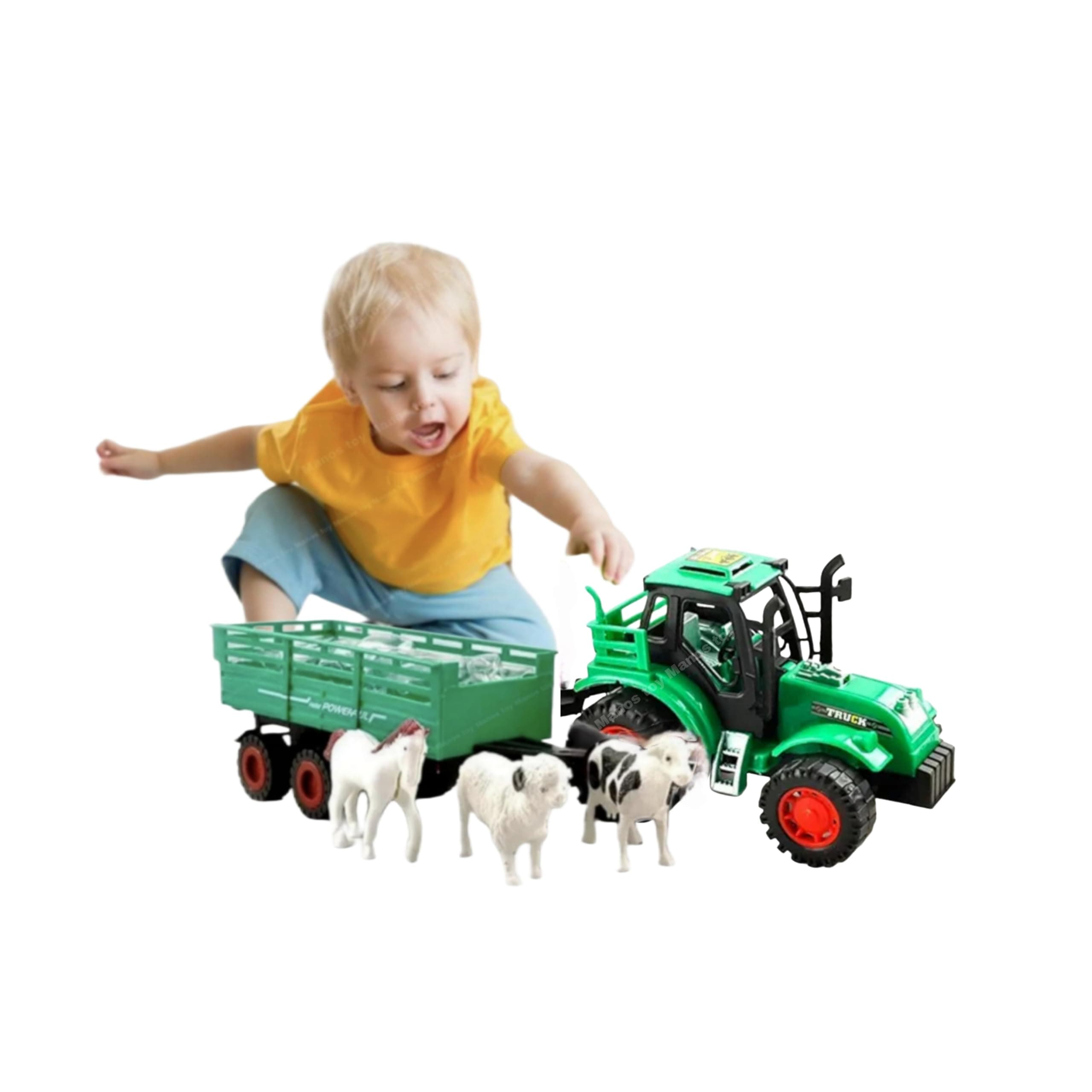 Manos Toy Tractor with Trailer and Farm Animal Figurines, Green Firm Tractor Toy Farmer Toy Pack of 1