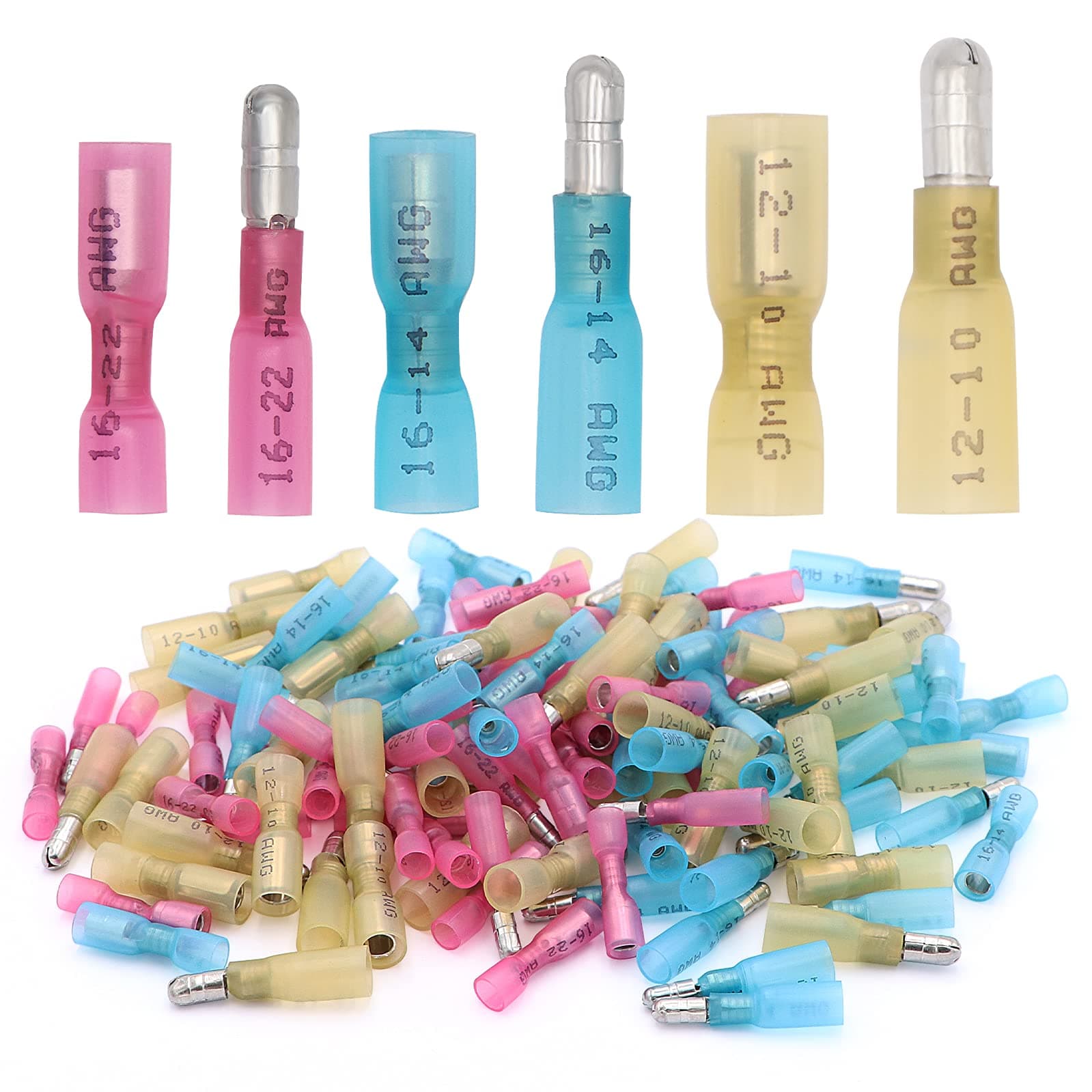 120PCS Heat Shrink Bullet Connectors Kit,Waterproof Electrical Female & Male Bullet Butt Terminals(12-10AWG,14-16AWG,18-22AWG)