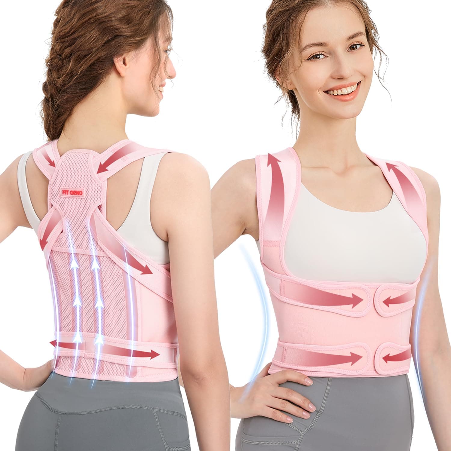 Fit Geno Back Brace Posture Corrector for Women, Shoulder Straightener, Adjustable Full Back Support, Upper and Lower Back Pain Relief - Scoliosis, Hunchback, Hump, Thoracic, Spine Corrector (Large)